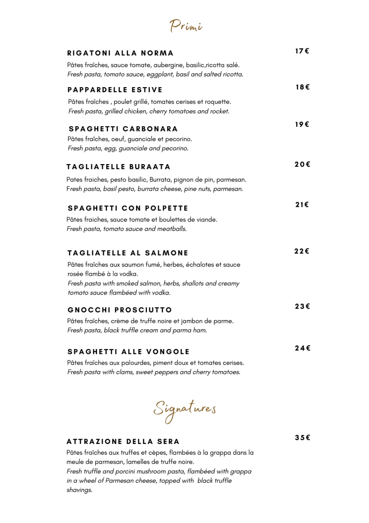 Lyna Ristorante menu