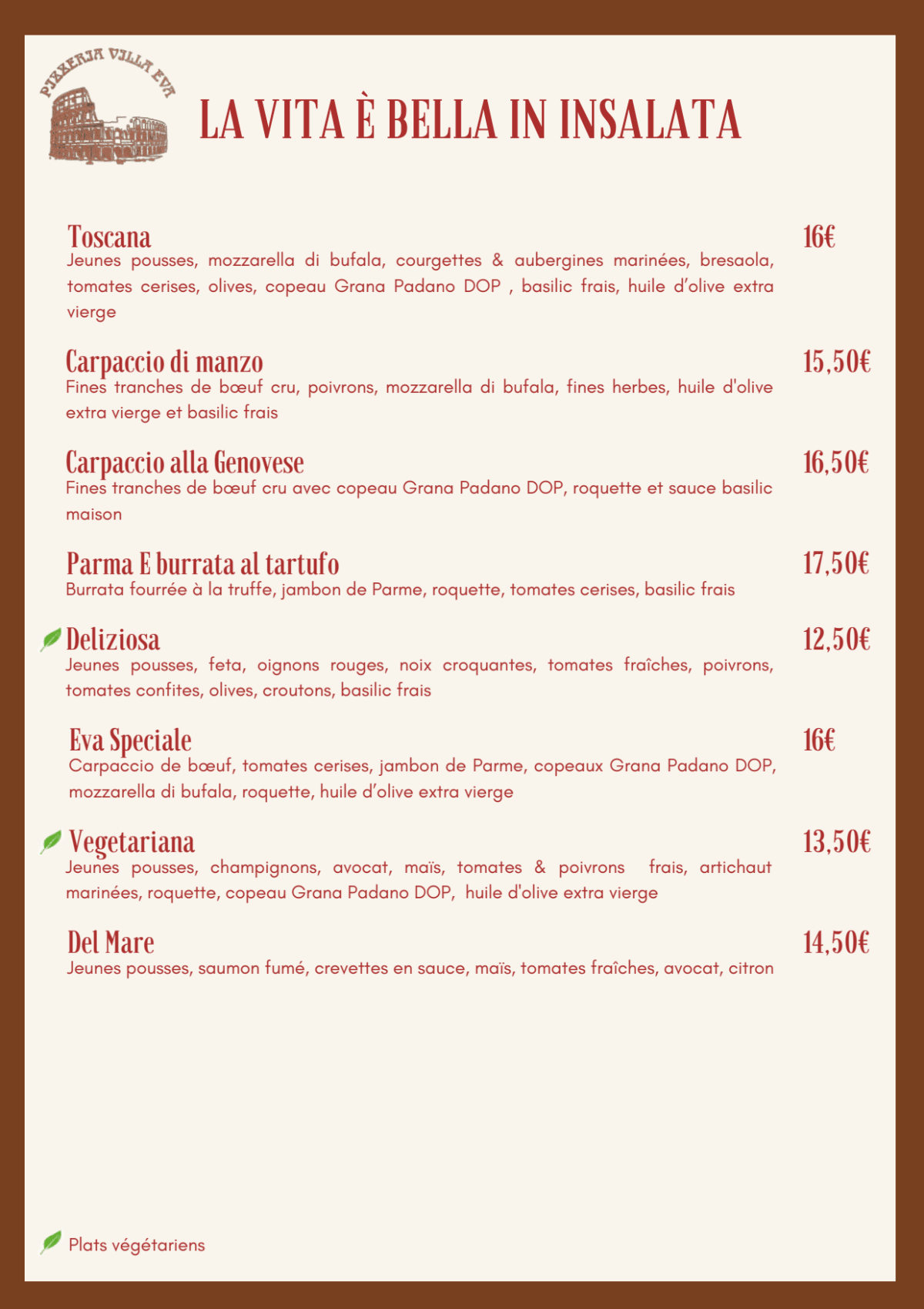 La Villa Eva menu