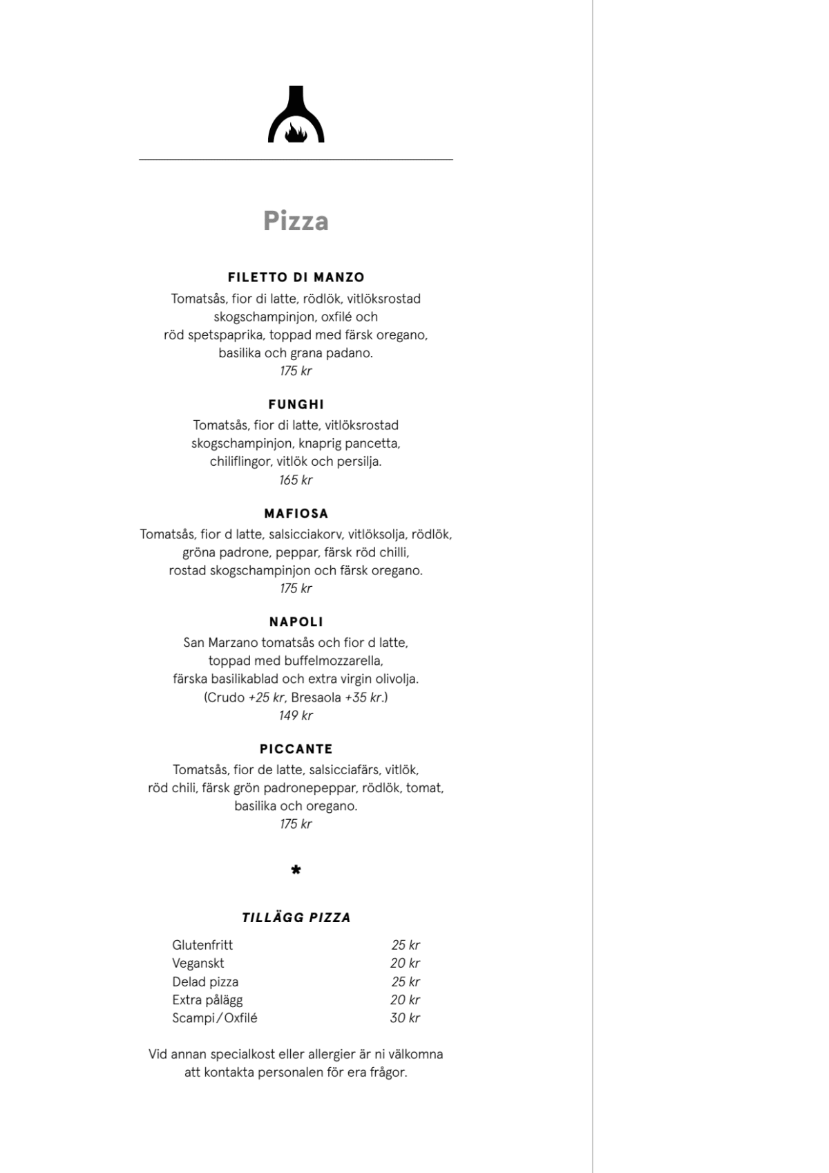 Pazzi Vasastan menu