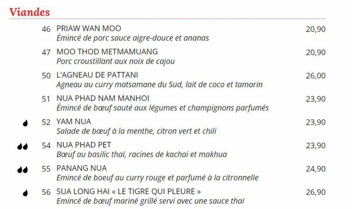 Les Larmes du tigre menu