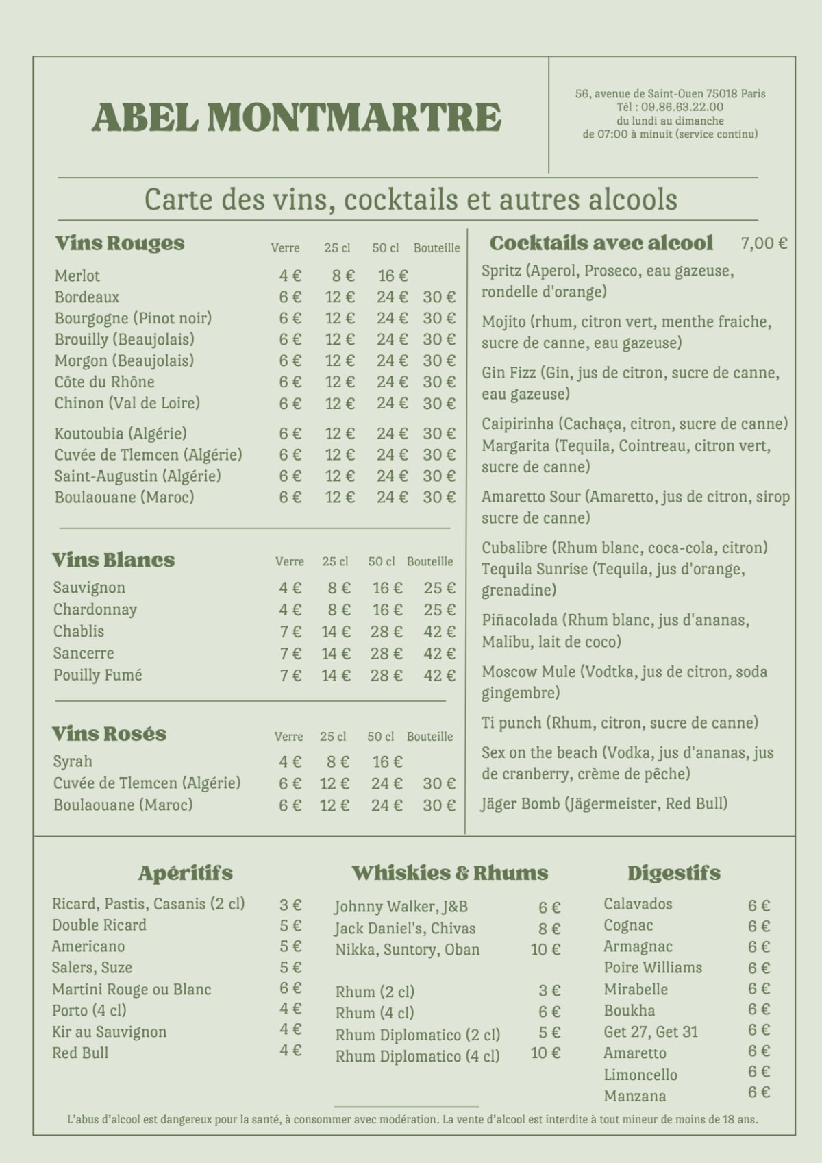 Abel Montmartre menu