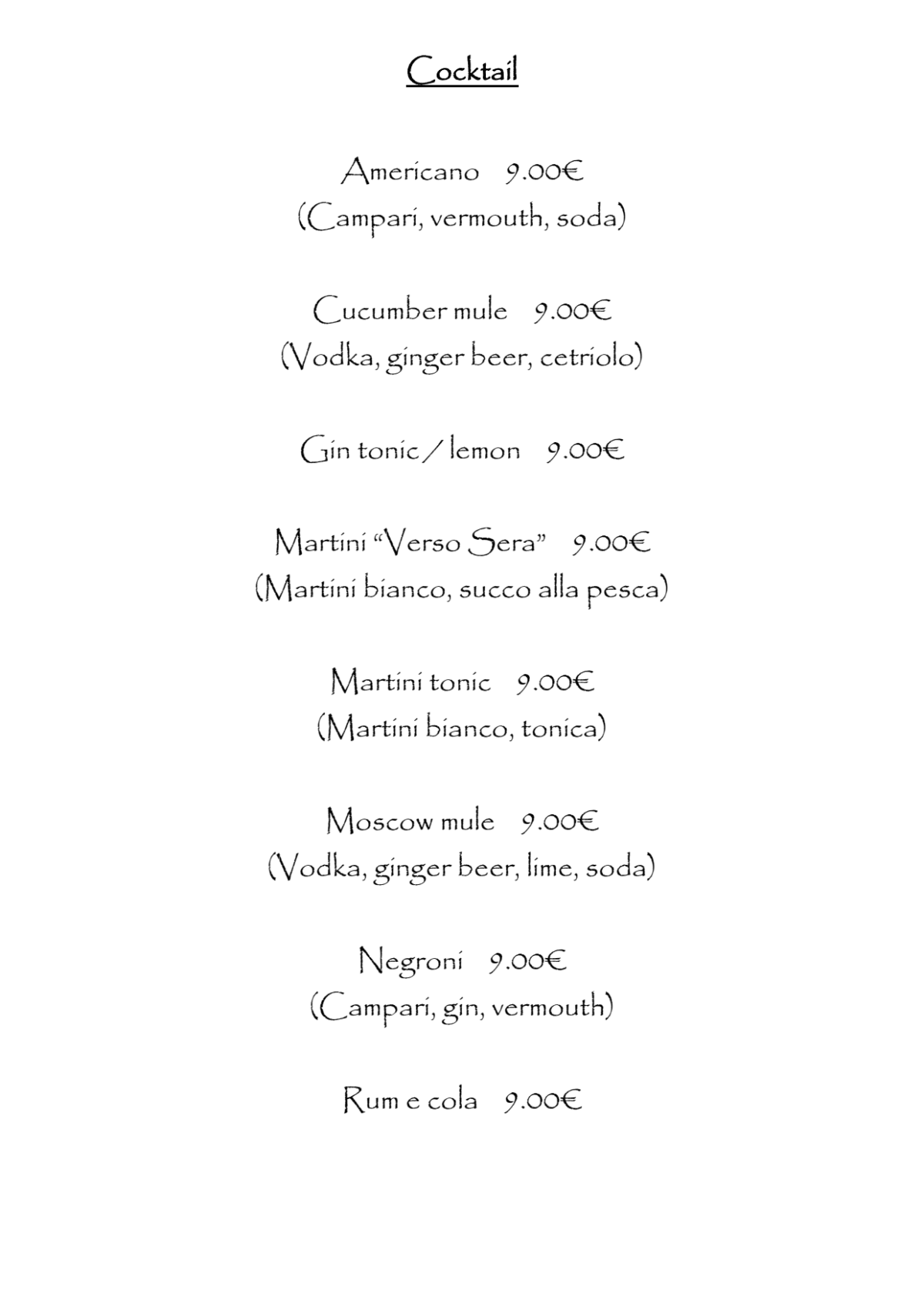 Verso Sera menu