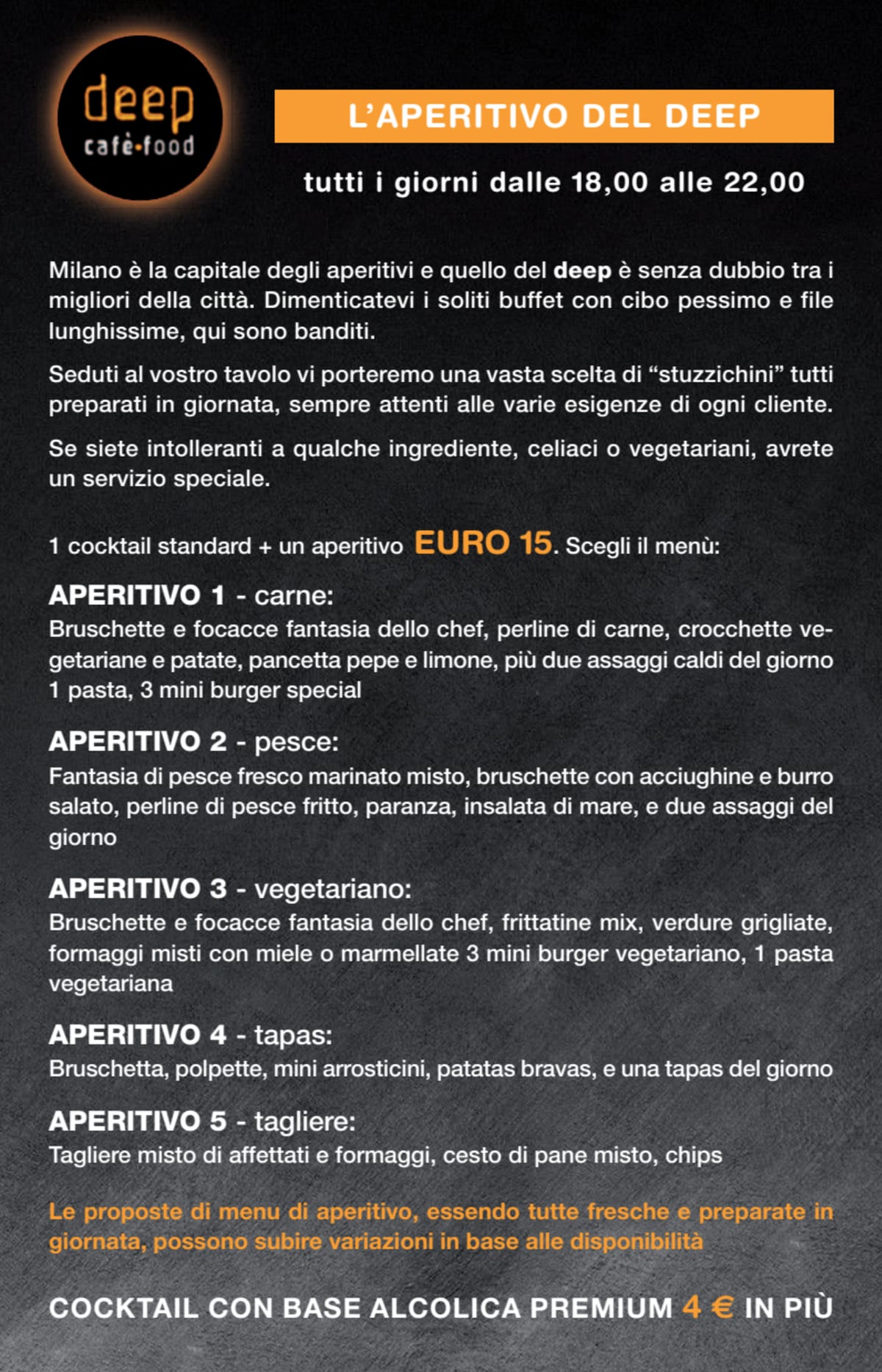 Deep Milano menu