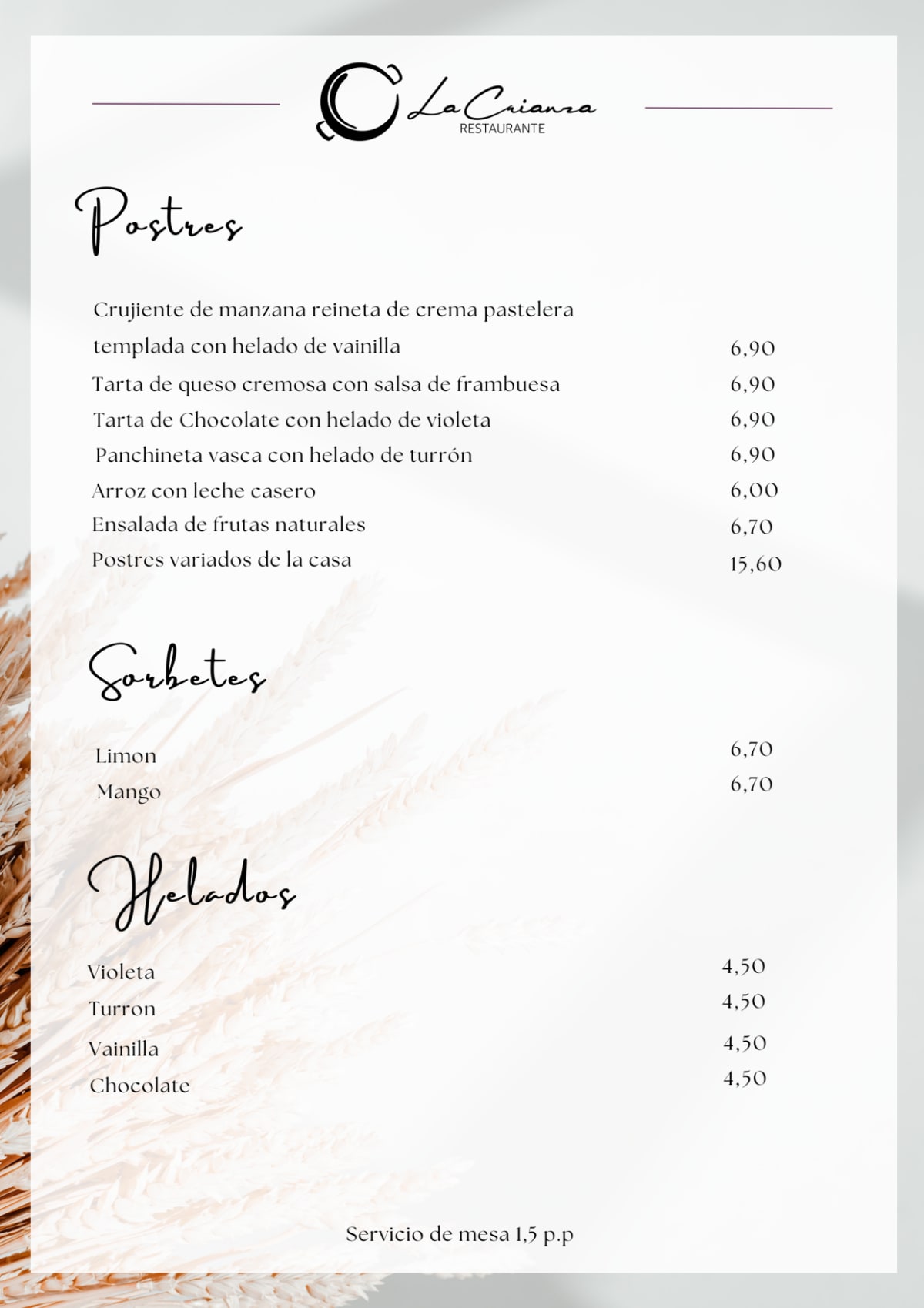 Arroceria la crianza menu