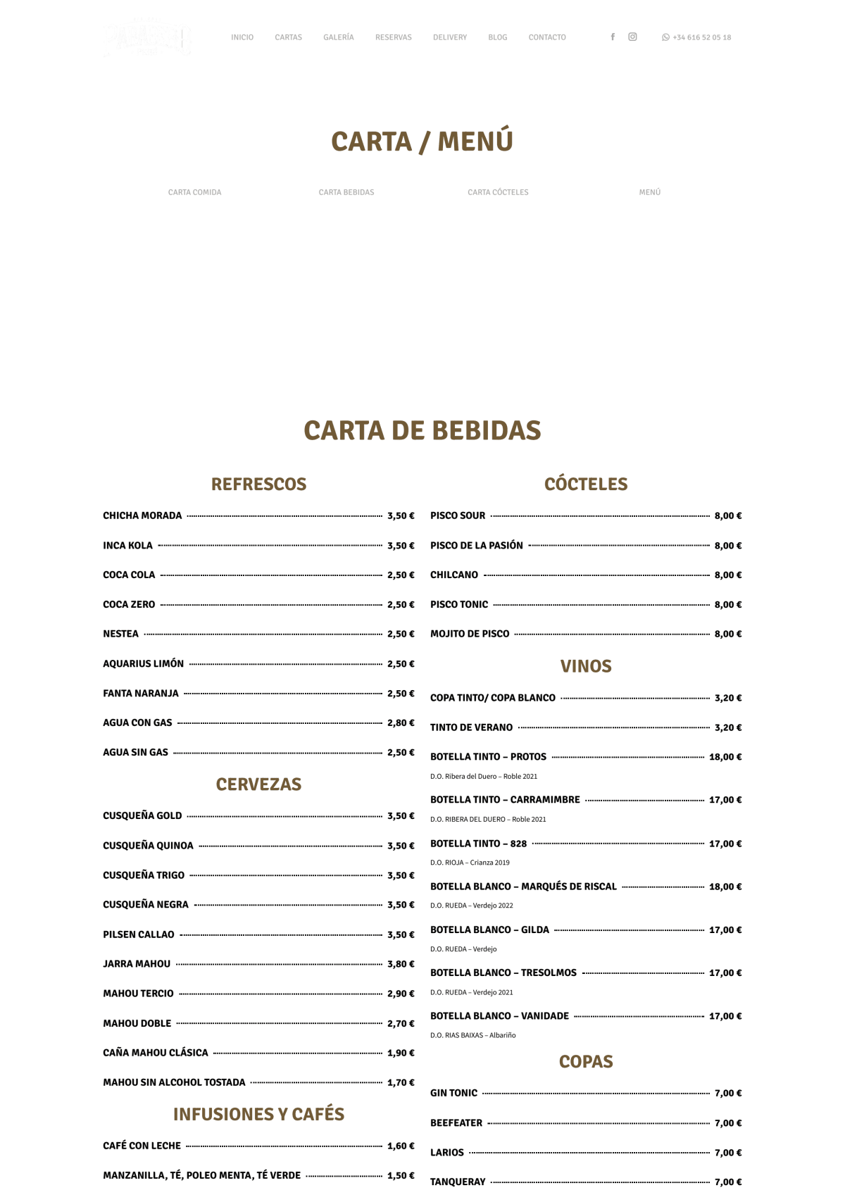 Paradero Perú menu