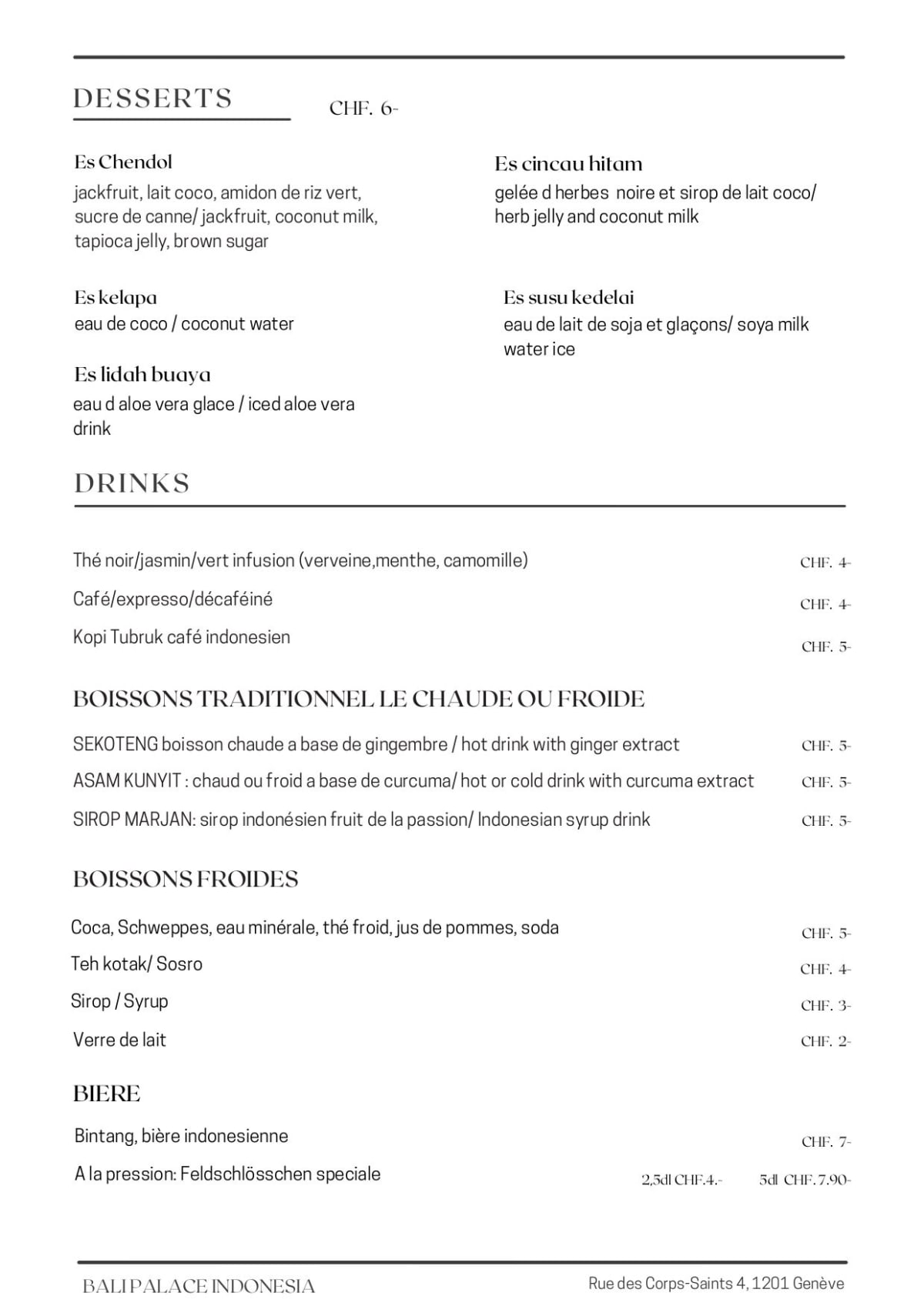 Bali Palace menu