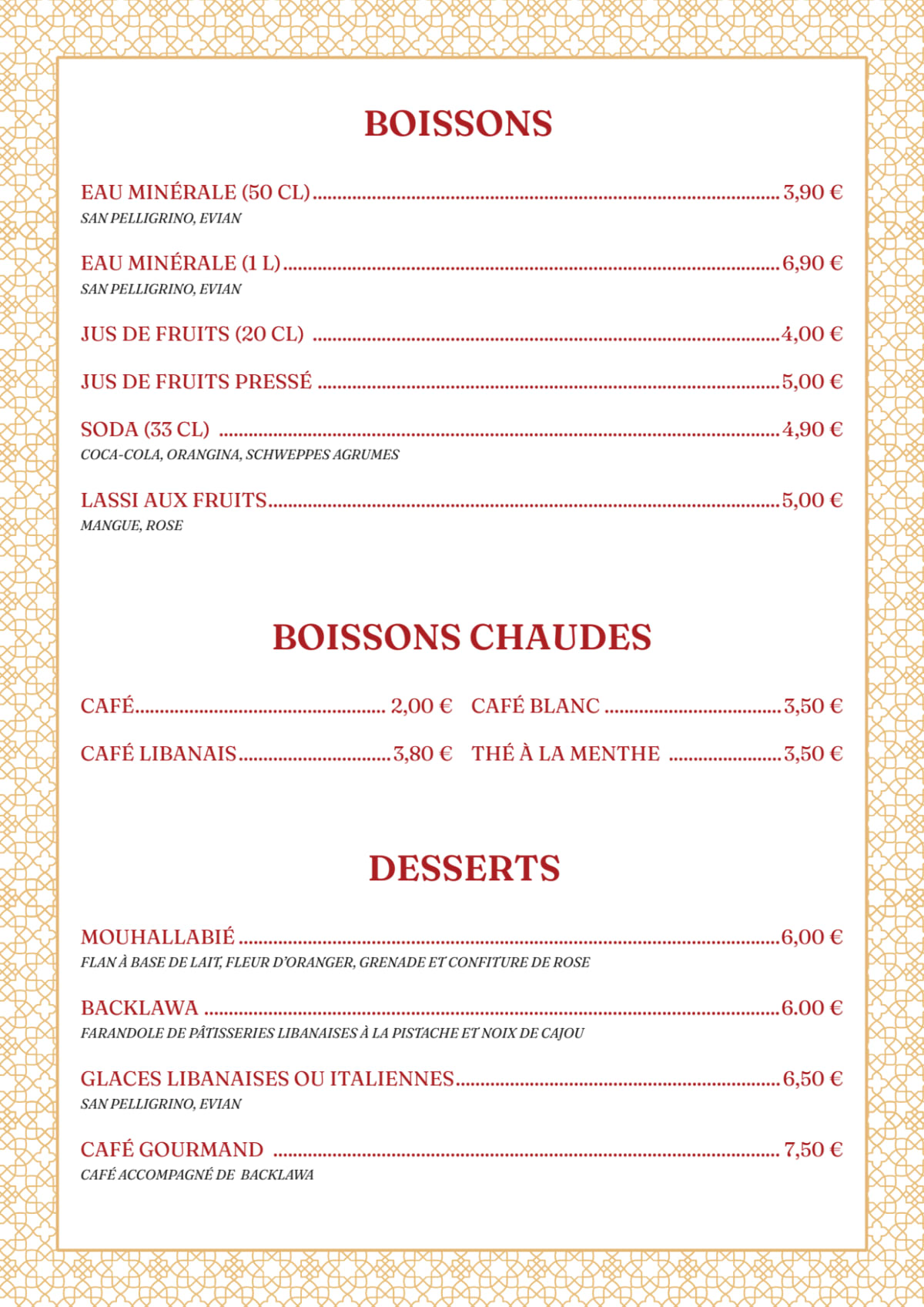 Narah Paris menu