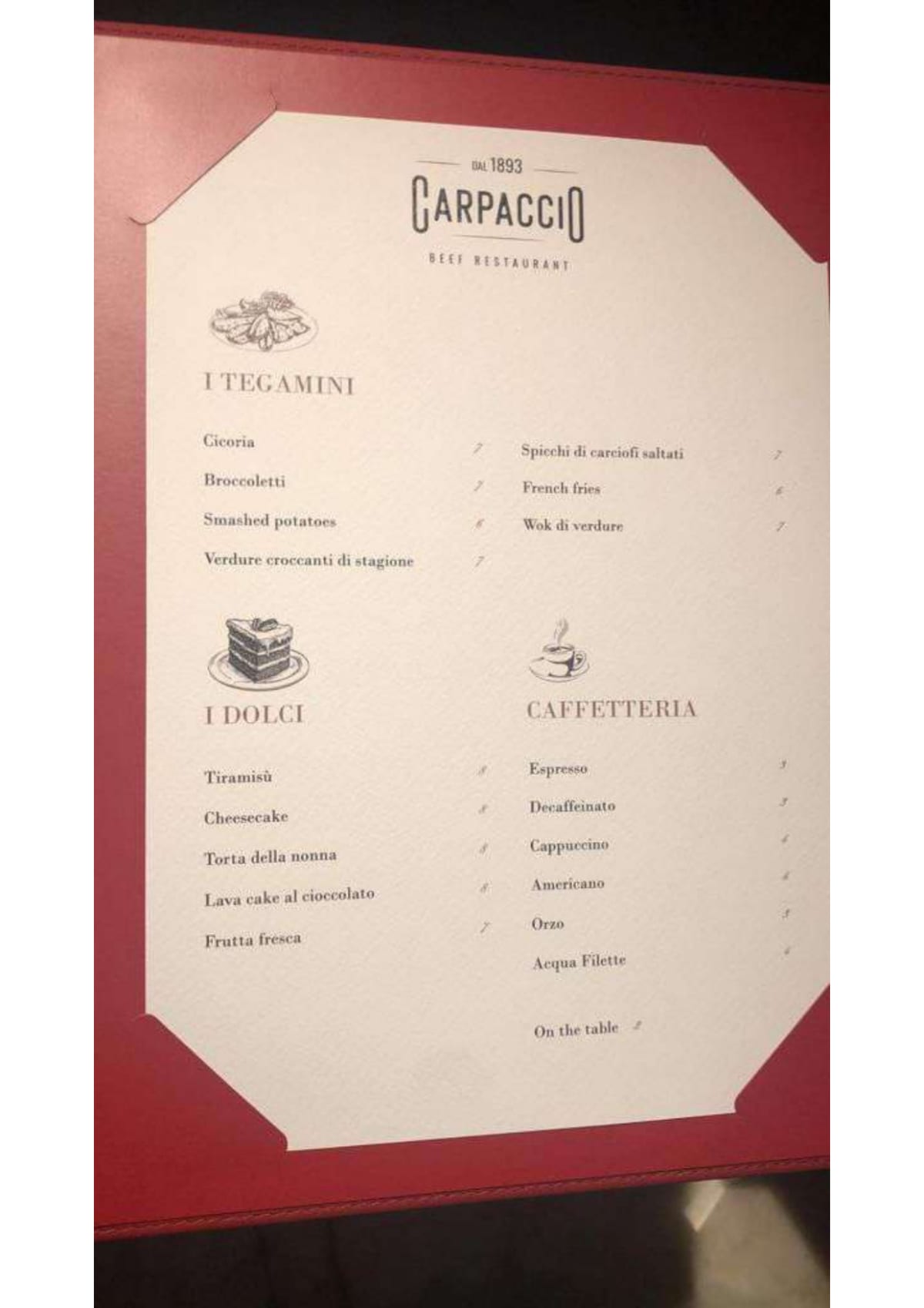 Carpaccio Beef Restaurant menu