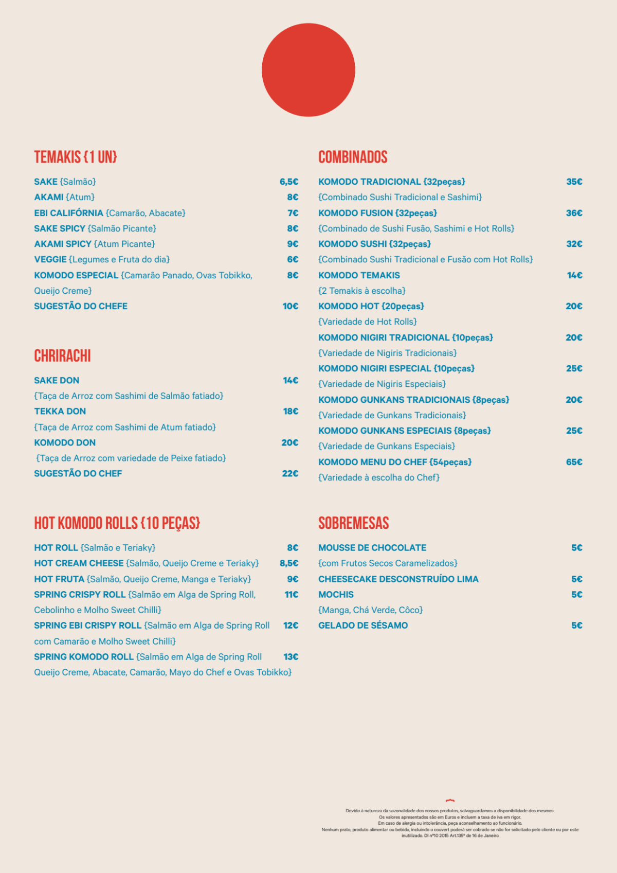 Komodo Sushi Bar menu