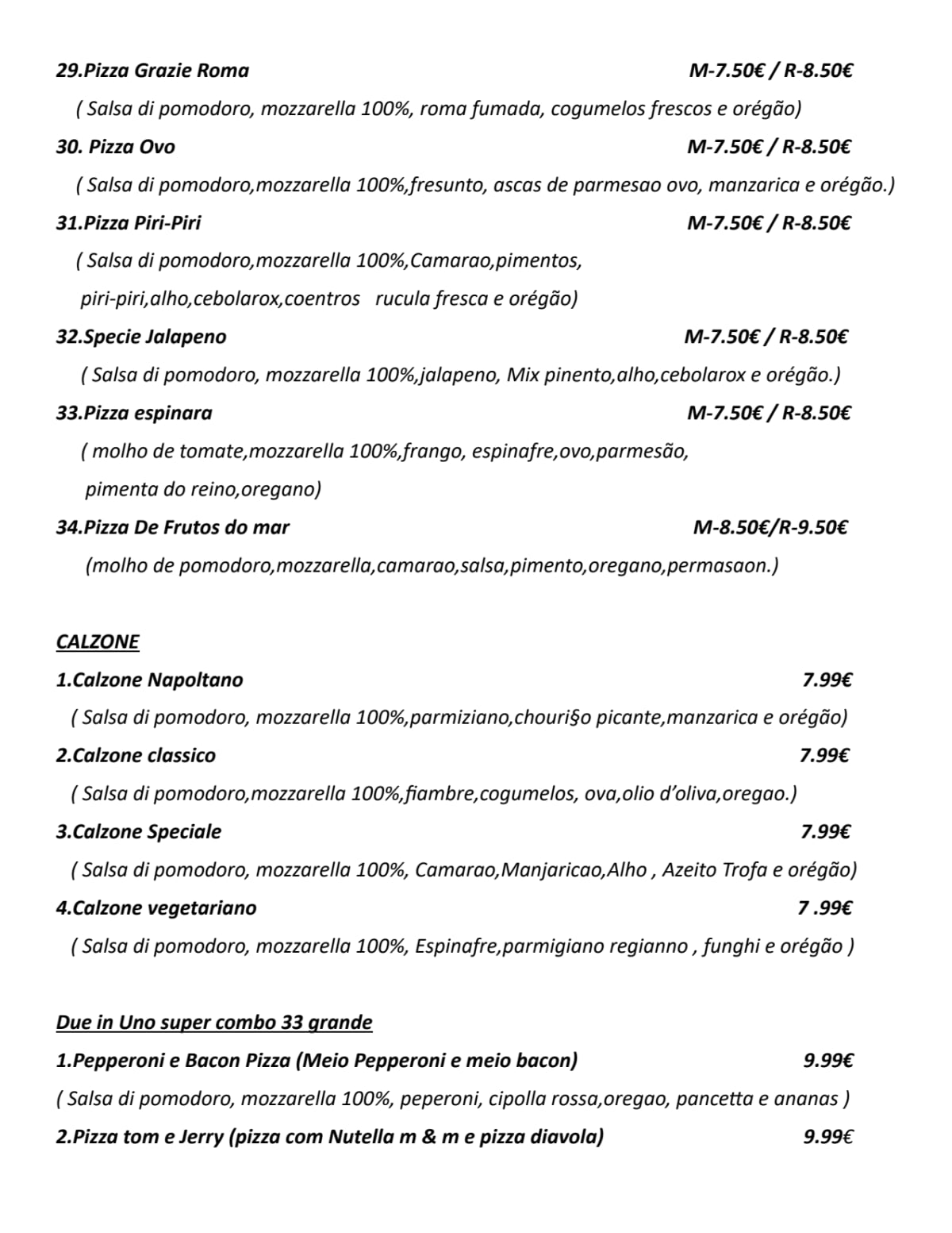 Bella Canto Pizzaria menu