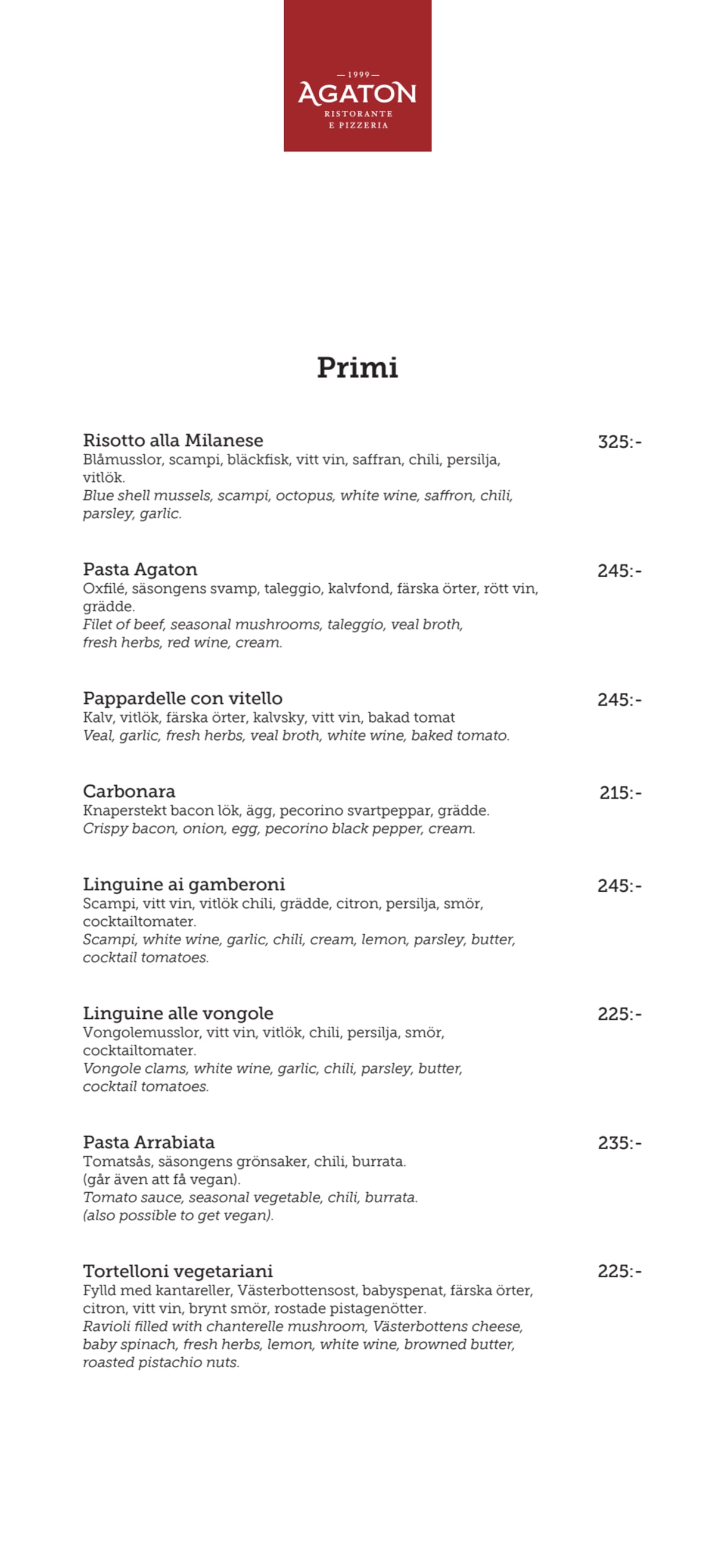 Agaton menu