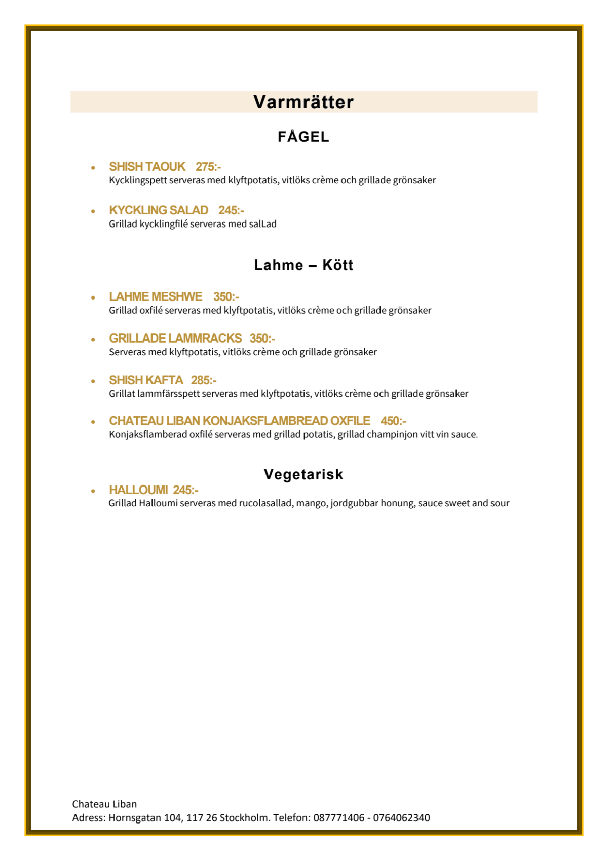 Chateau Liban menu