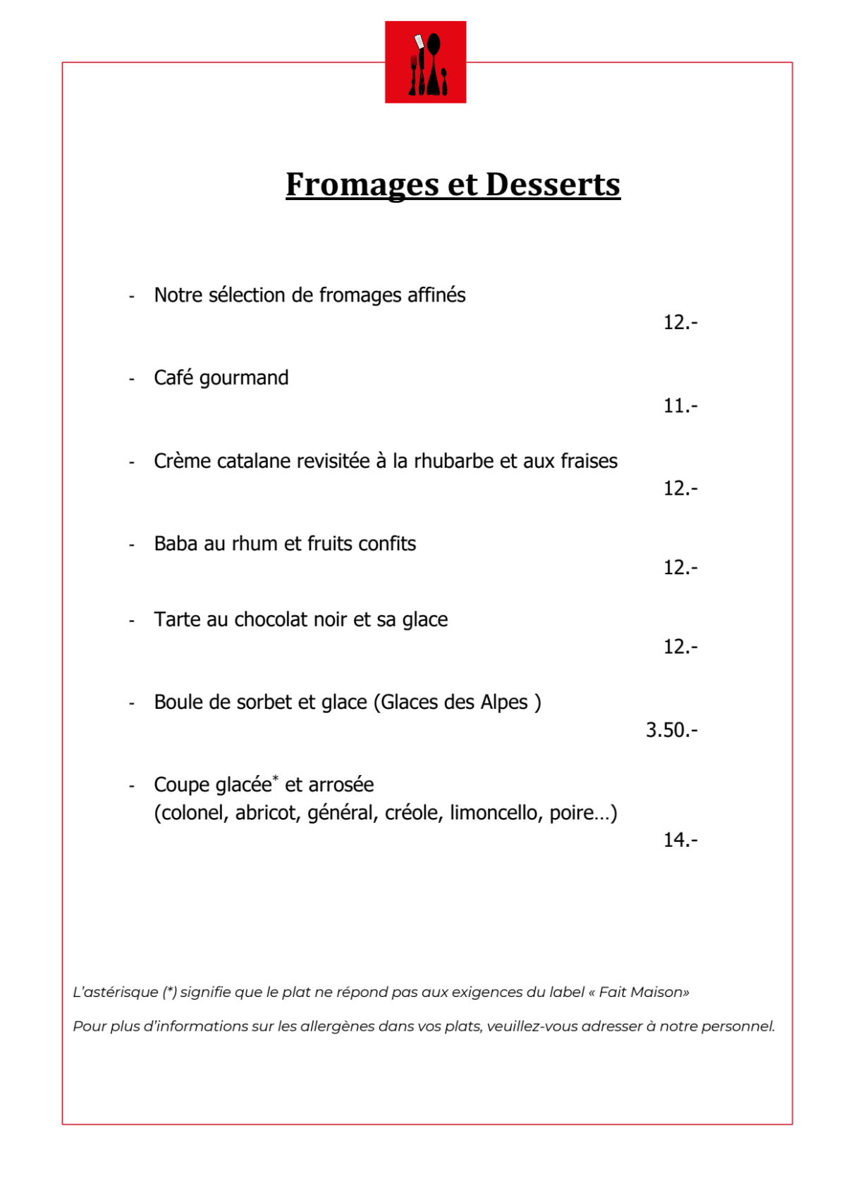 Auberge Communale du Grand Donzel menu