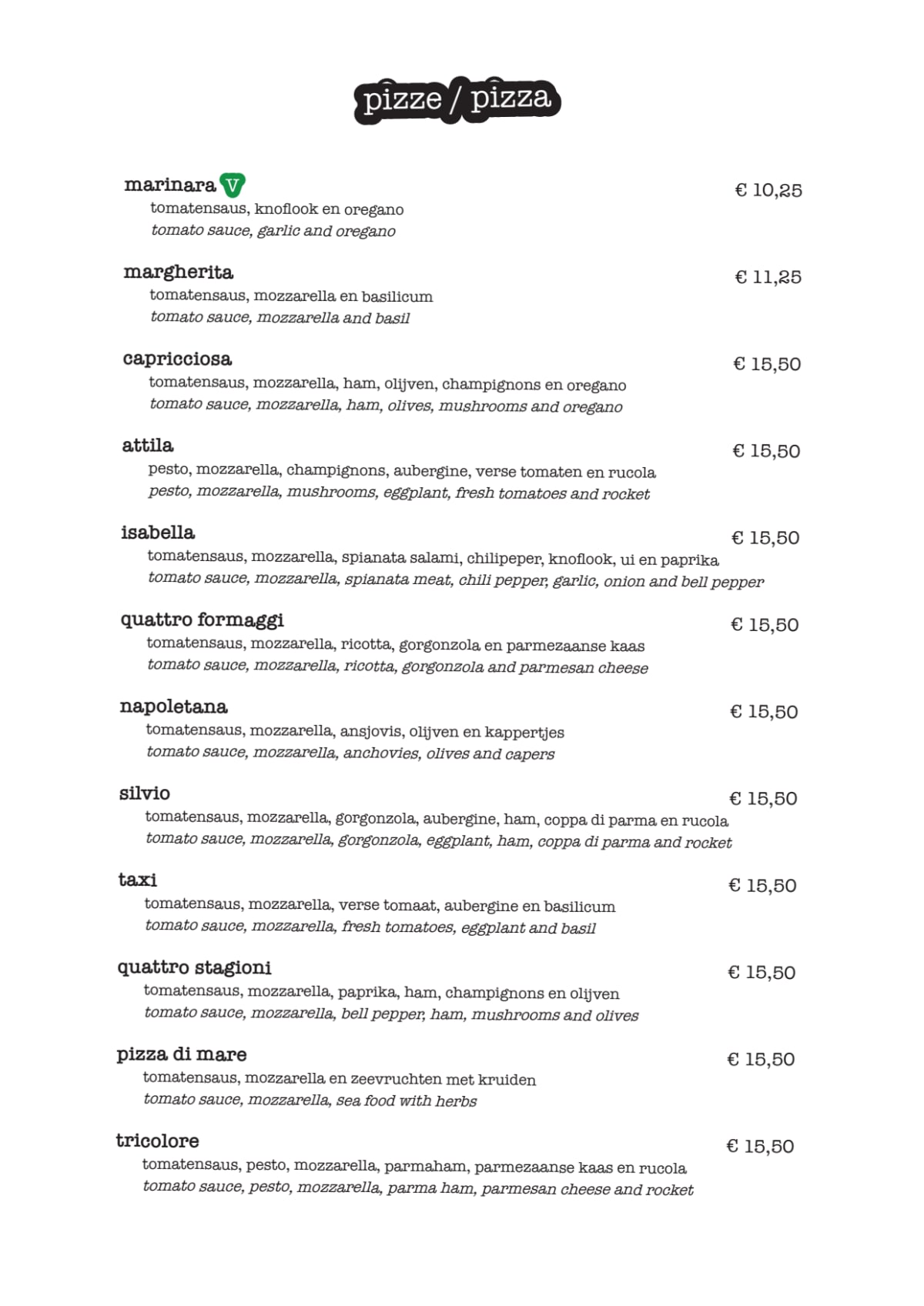 Pizza Taxi da Paolo & Seba menu