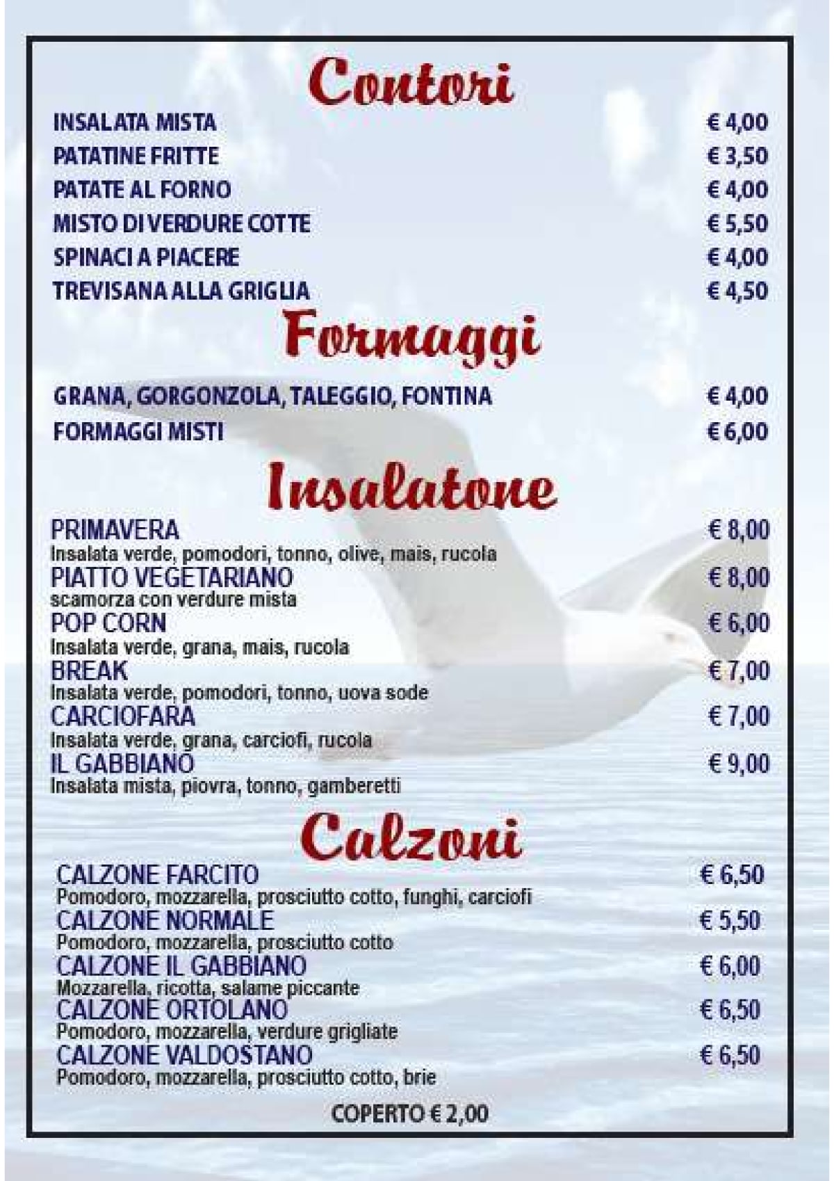 Ristorante Pizzeria Il Gabbiano menu