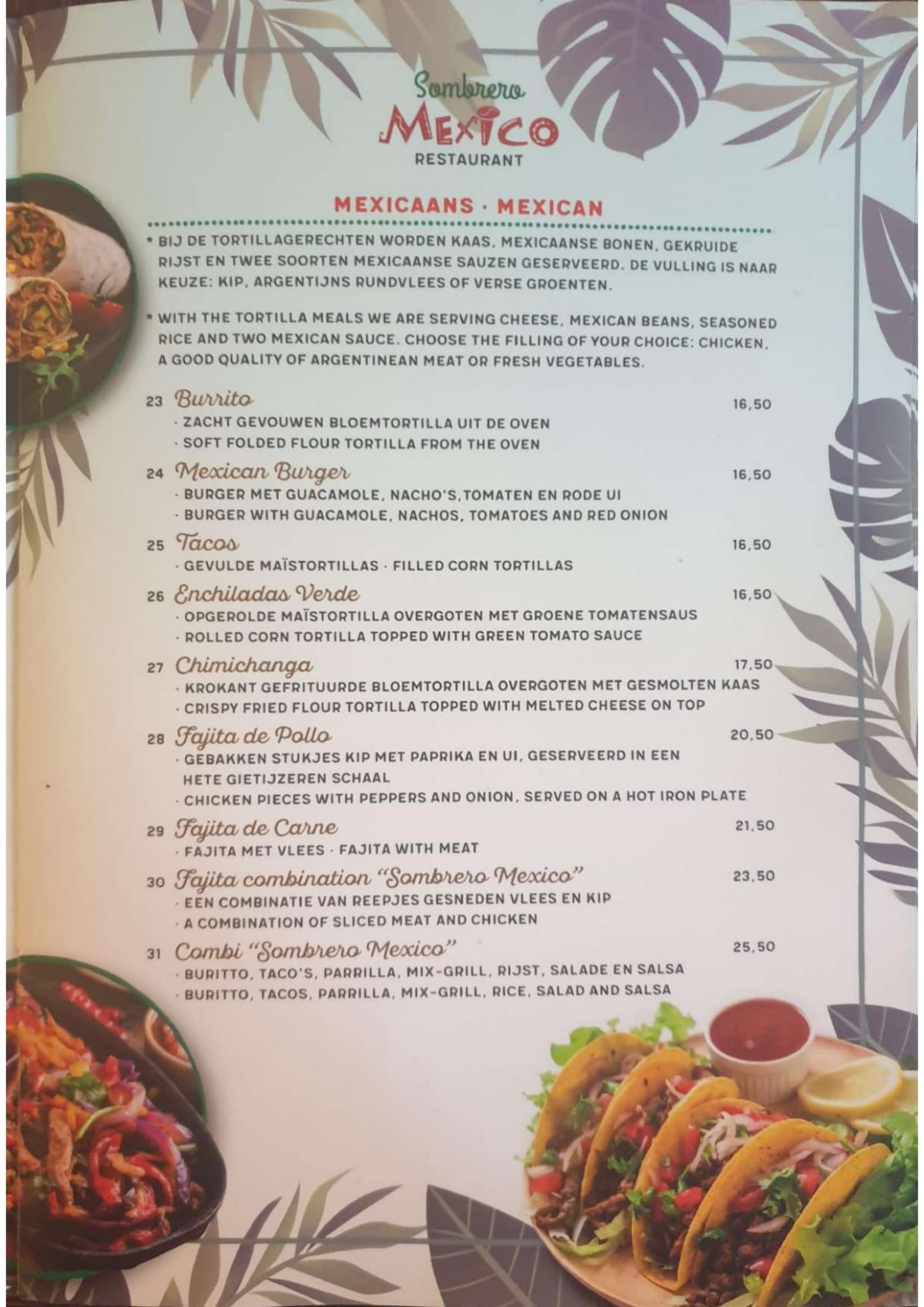 Sombrero Mexico menu