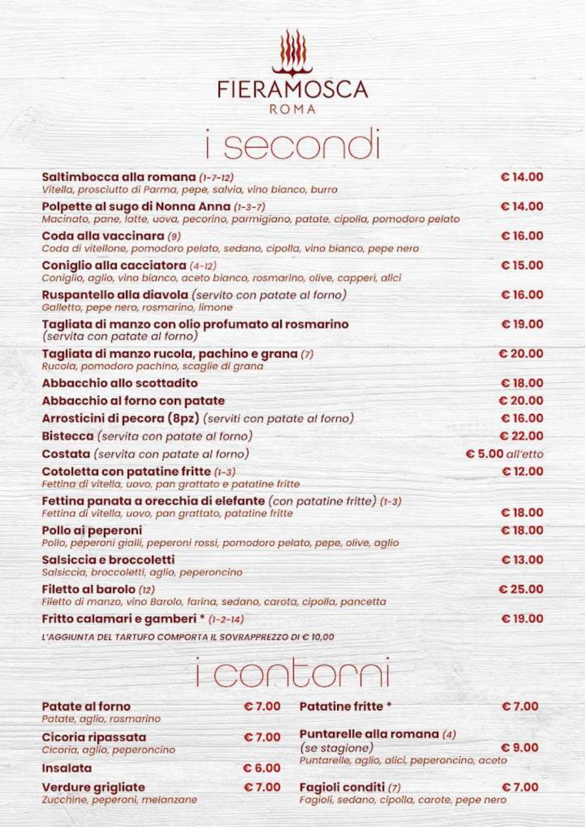 Fieramosca Roma menu