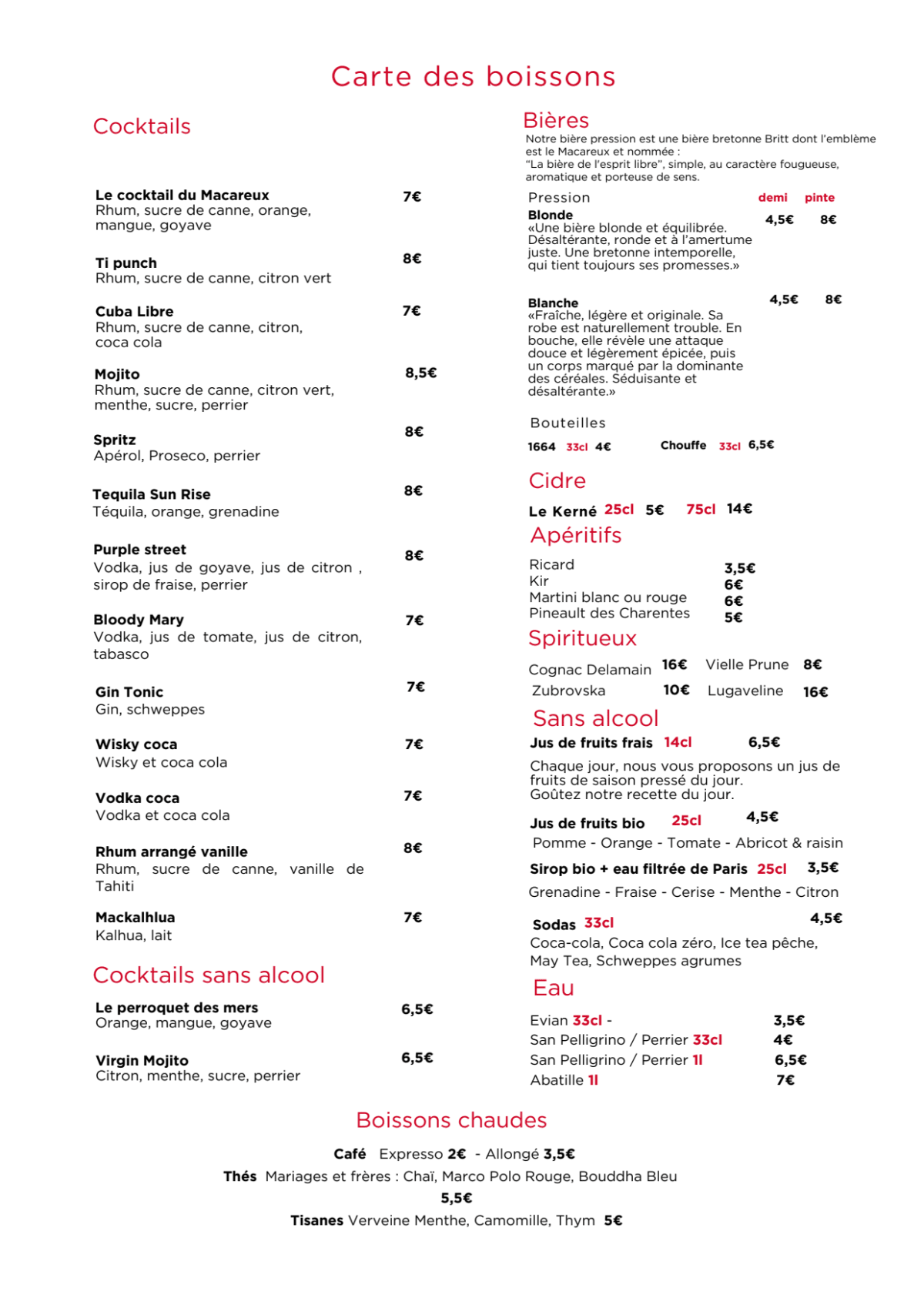 Le Macareux menu