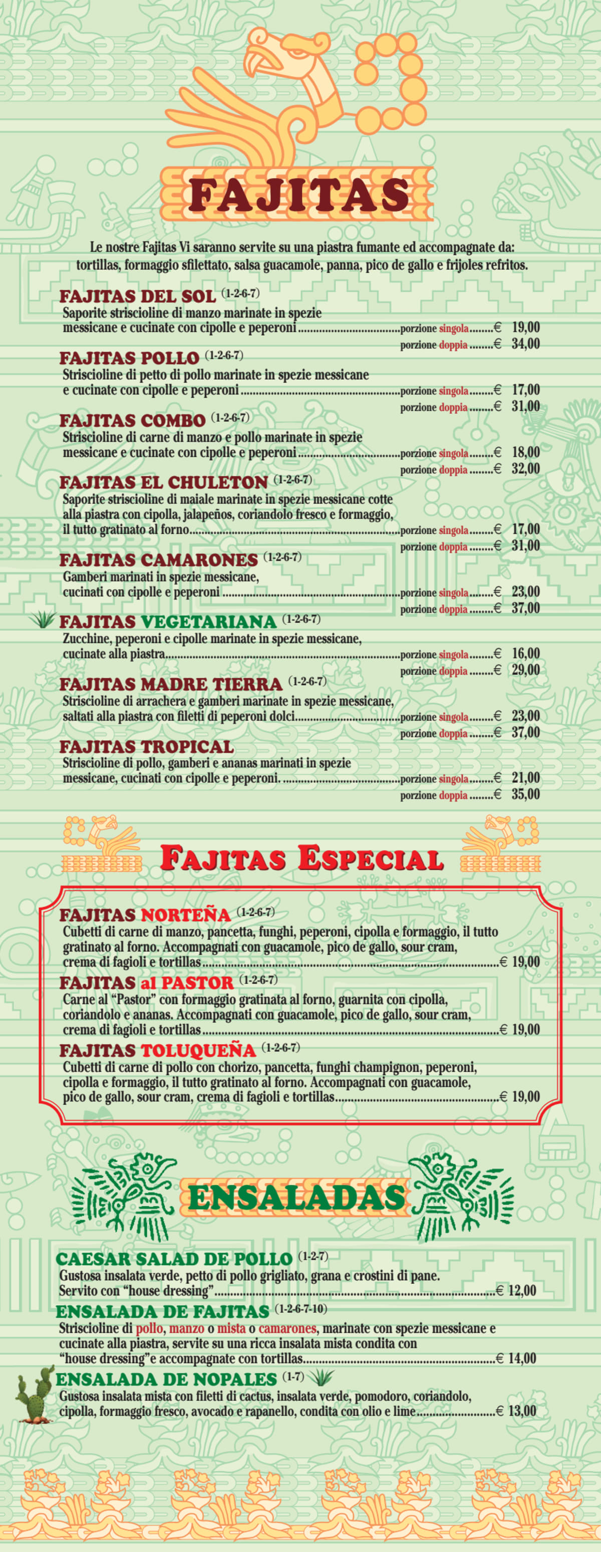 Piedra del Sol menu