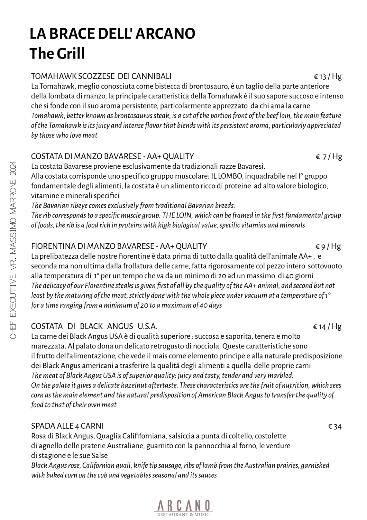 Arcano Bistrot menu