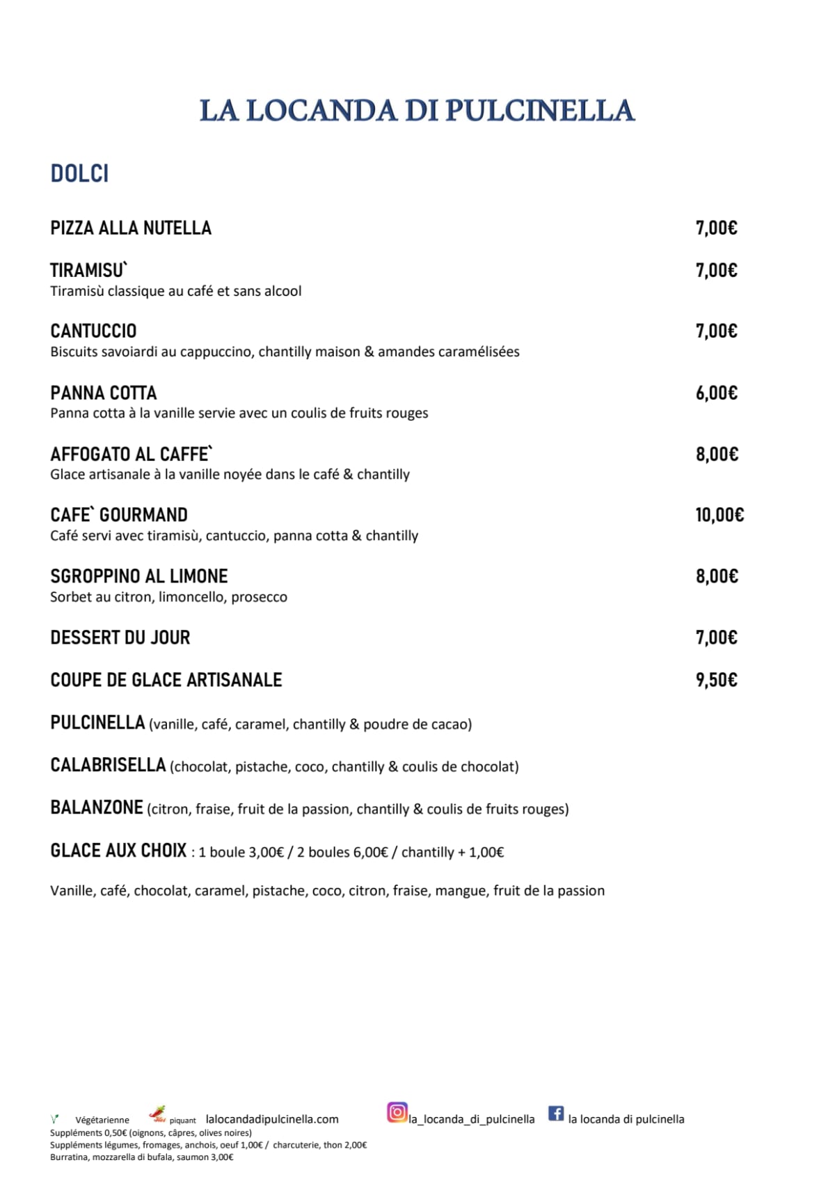 LA LOCANDA DI PULCINELLA (Pas de pâtes dans ce restaurant) menu