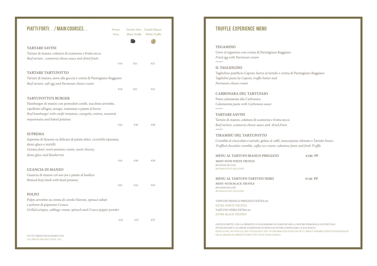 Tartufotto Savini Tartufi Milano menu