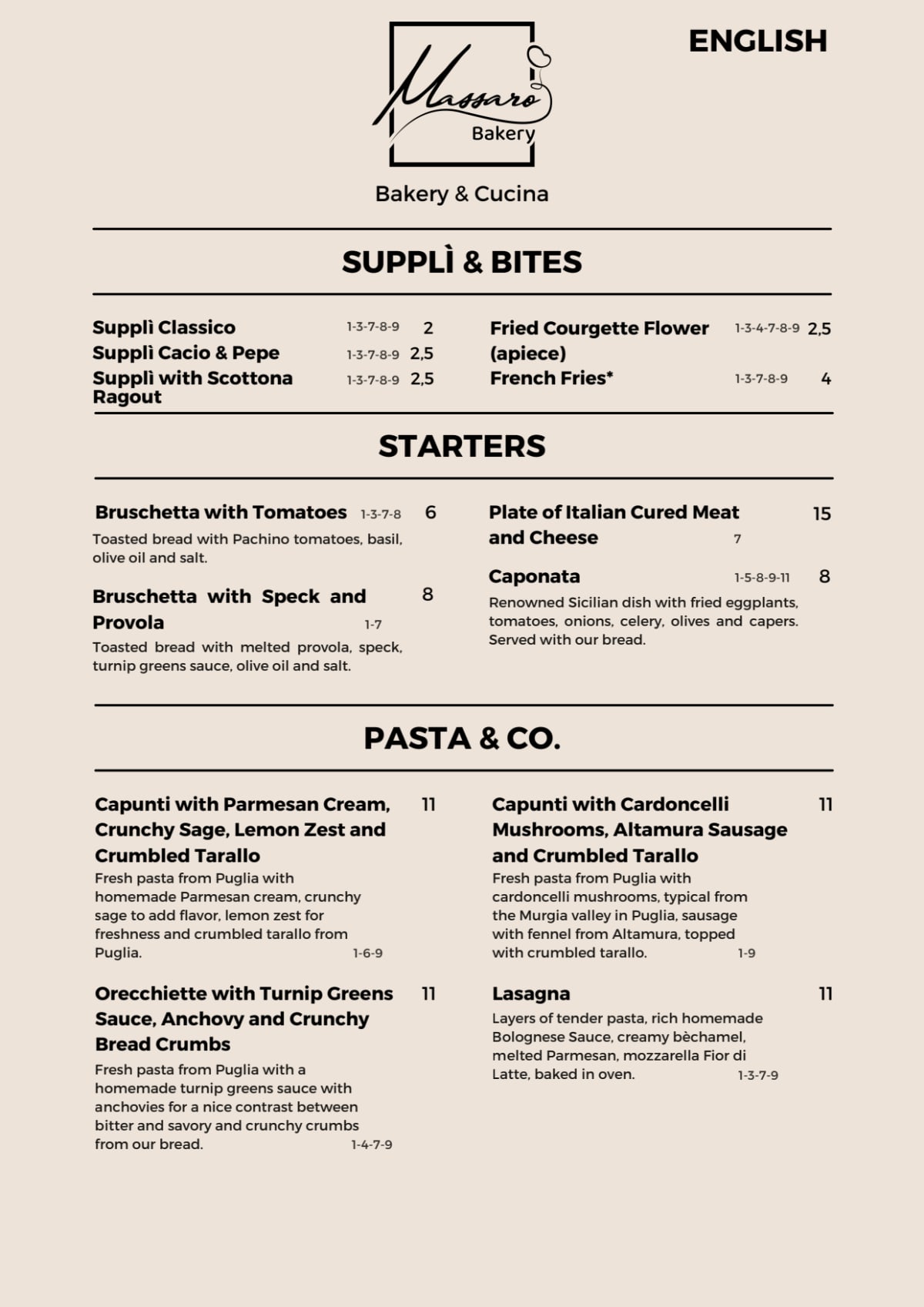 Massaro Bakery menu