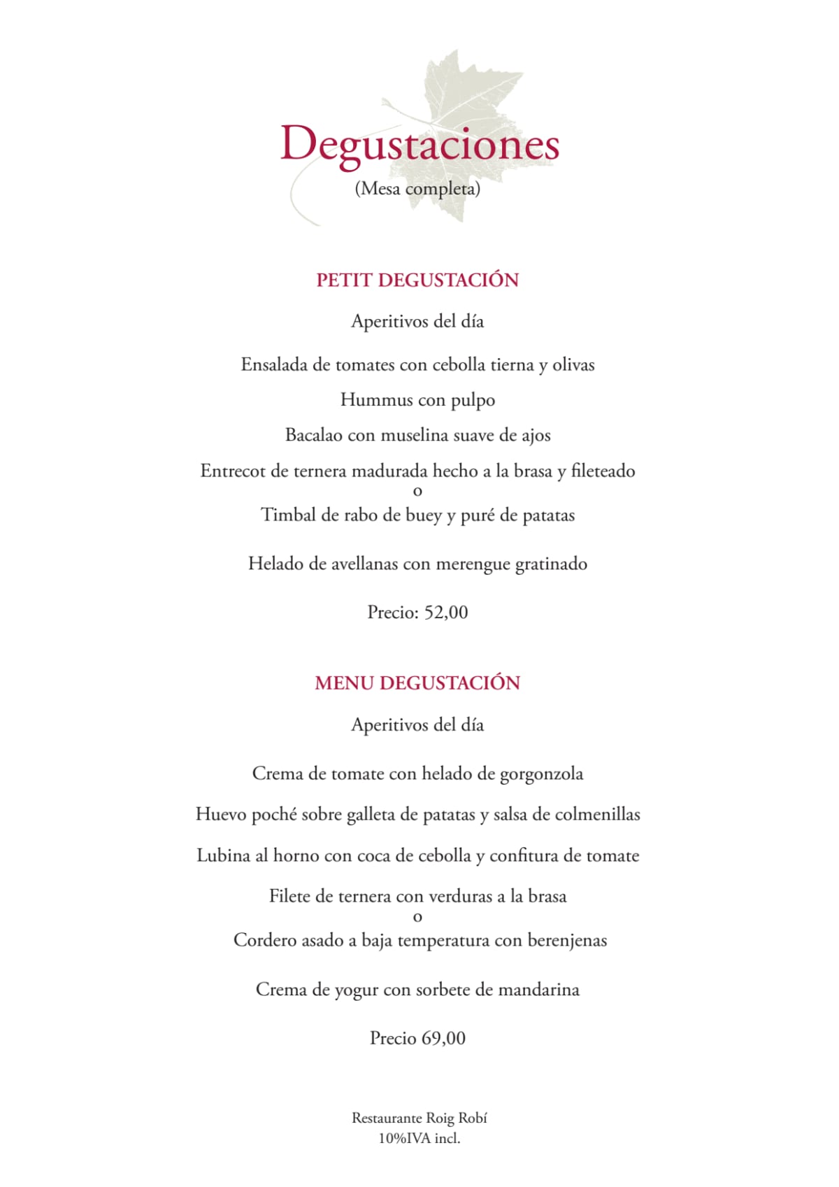 Roig Robí menu