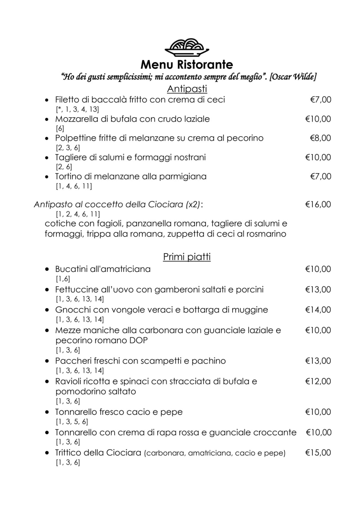 La Ciociara dal 1969 - Ristorante, Pizzeria menu