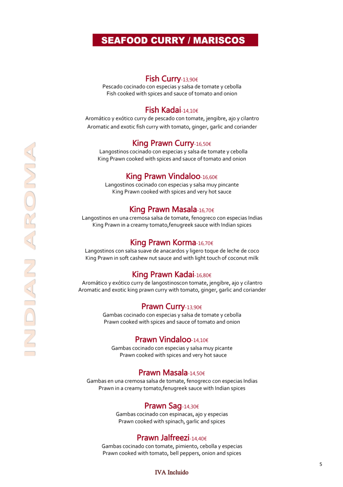 Indian Aroma menu