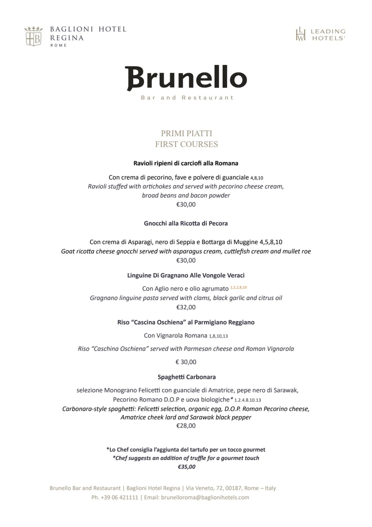 Brunello Bar & Restaurant menu