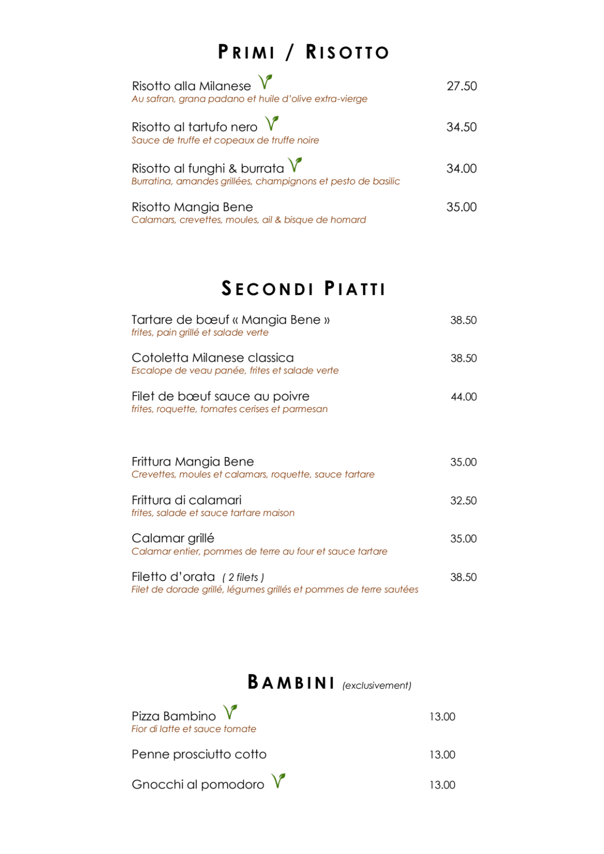 Mangia Bene menu