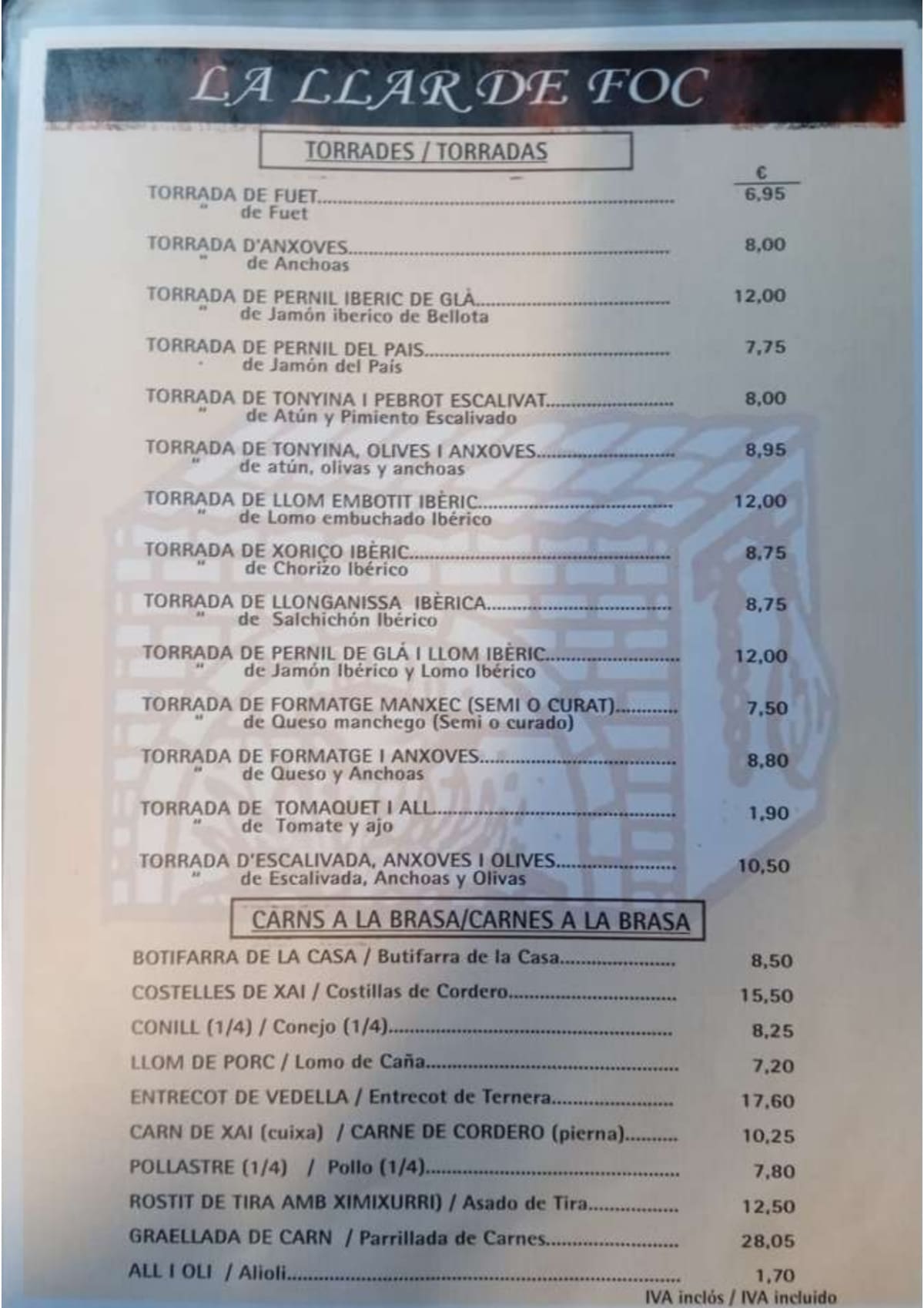 La Llar de Foc menu