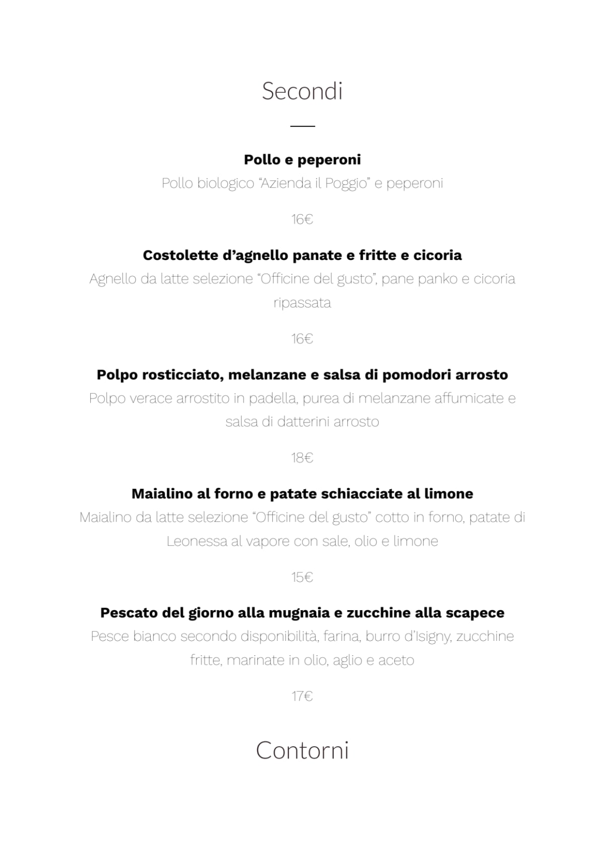 Bianca Trattoria menu