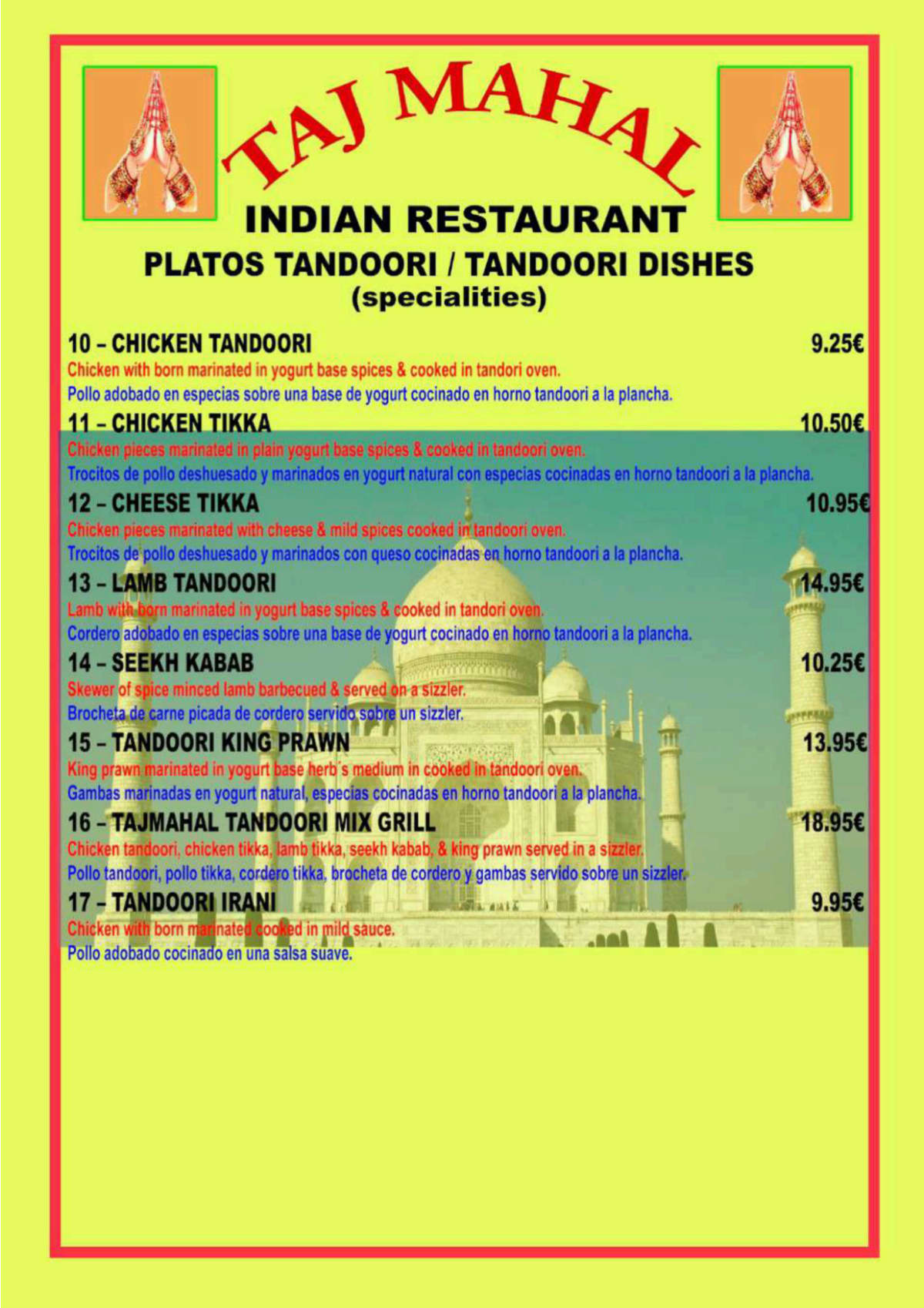 Taj Mahal - Lavapiés 46 menu