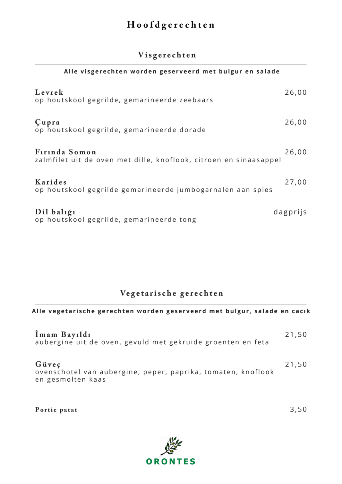 Orontes menu