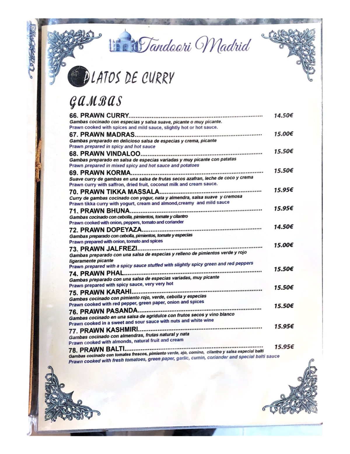 Tandoori Madrid menu