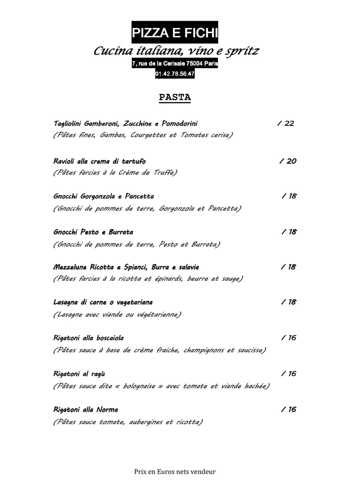 Pizza e  Fichi menu