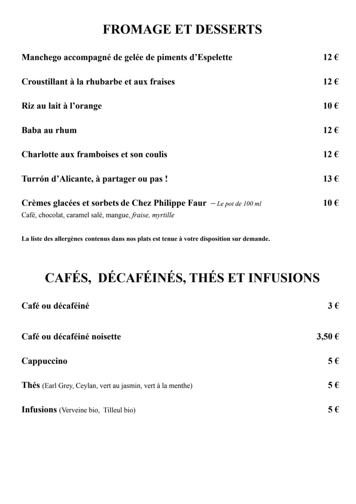 Chez Léna et Mimile menu