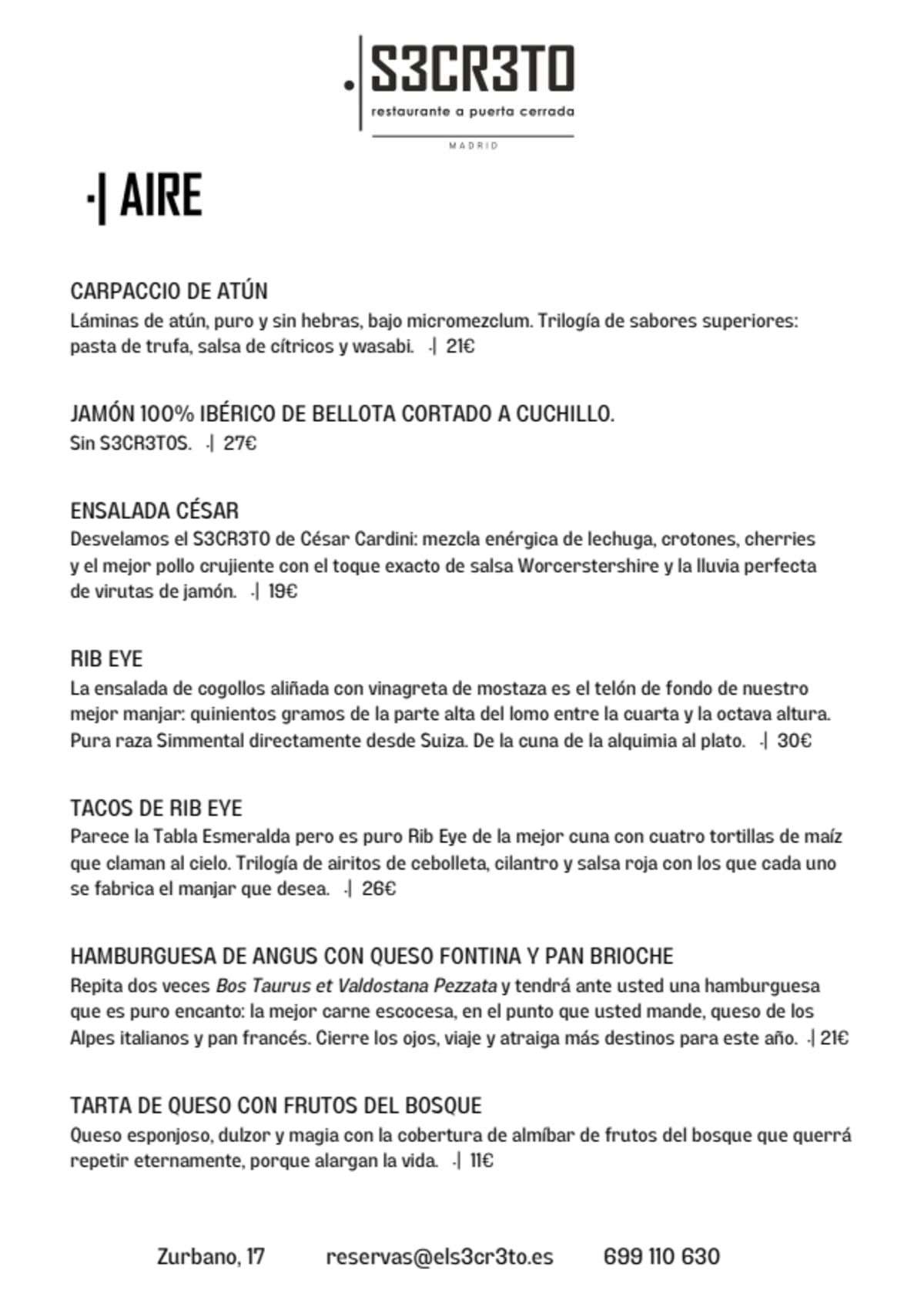 EL S3CR3TO Madrid menu