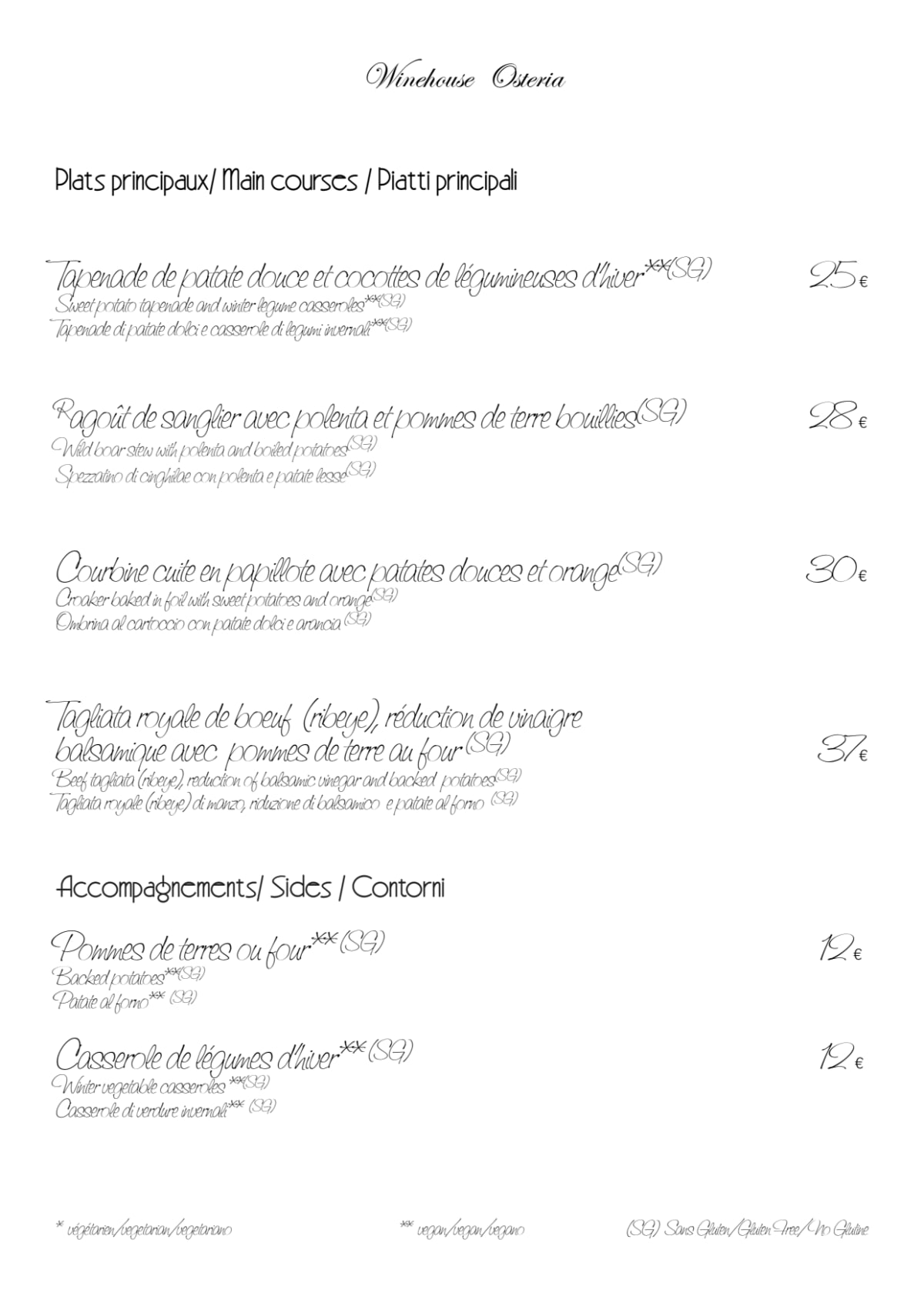 Winehouse Osteria menu