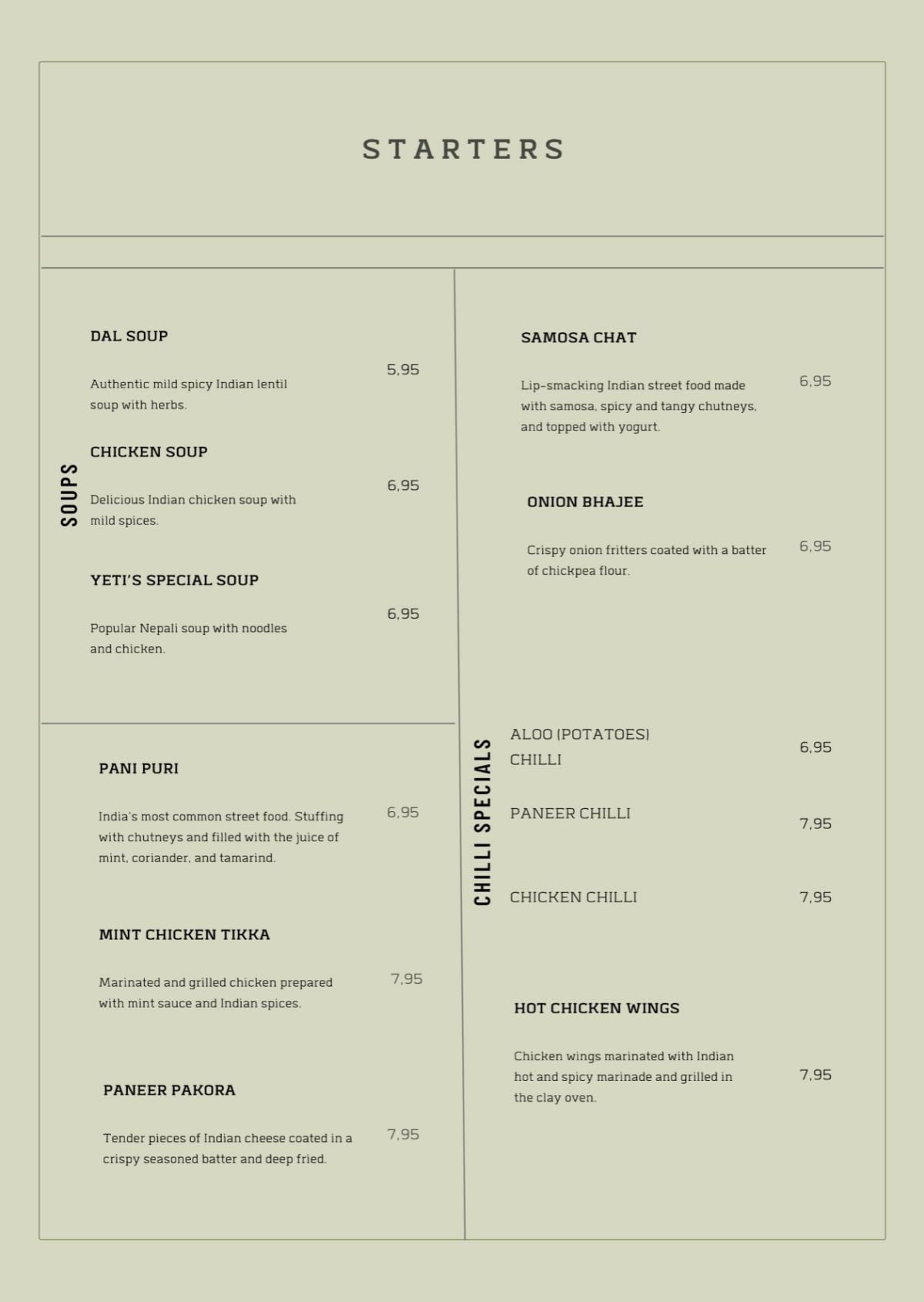 The Yeti - Nepali & Indian Restaurant menu