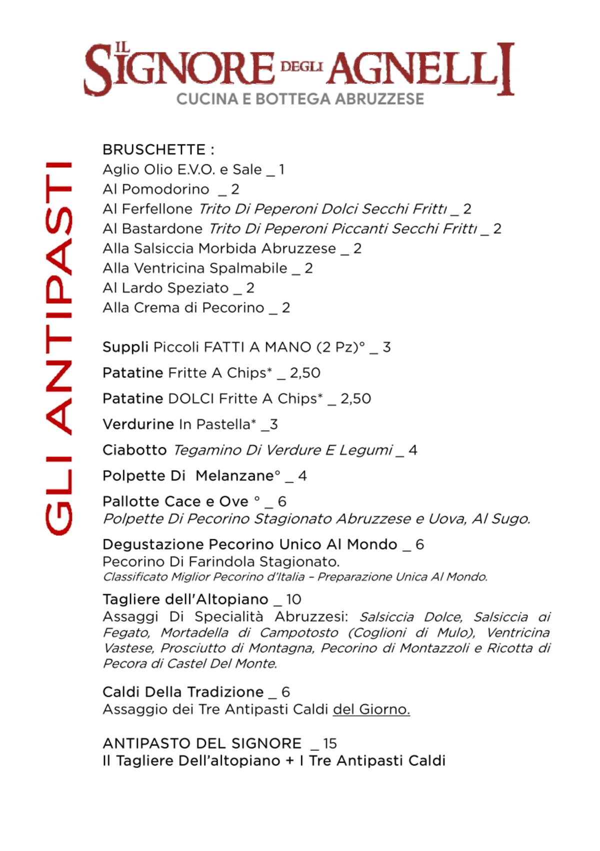 Il Signore degli Agnelli menu