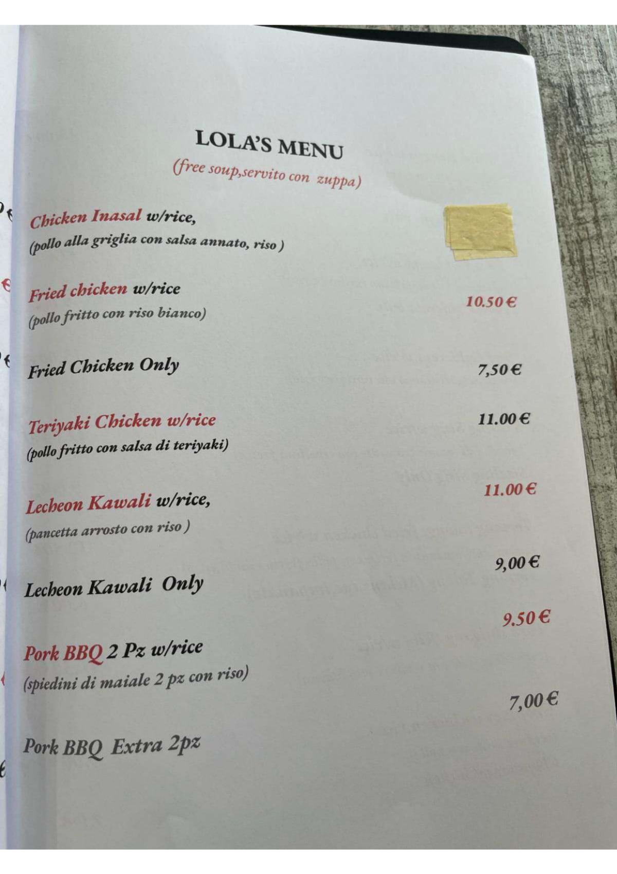 Lola's menu