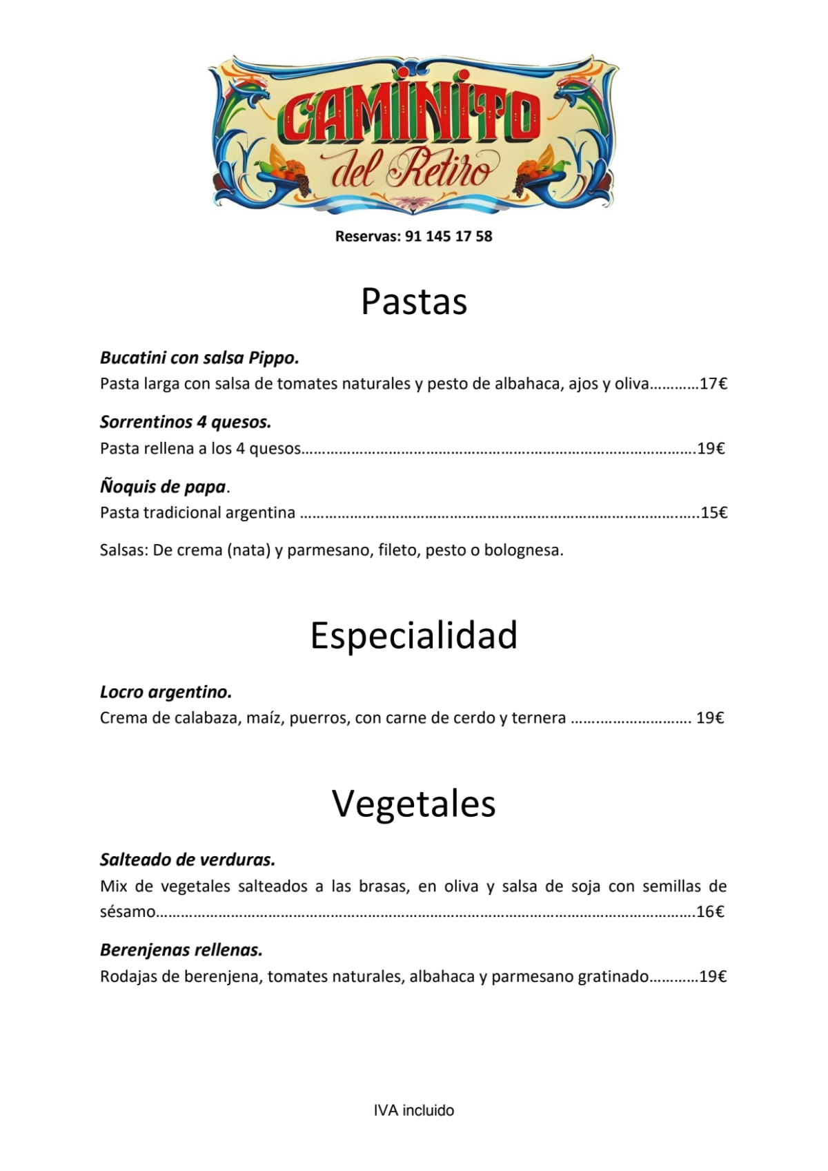 Caminito del Retiro menu