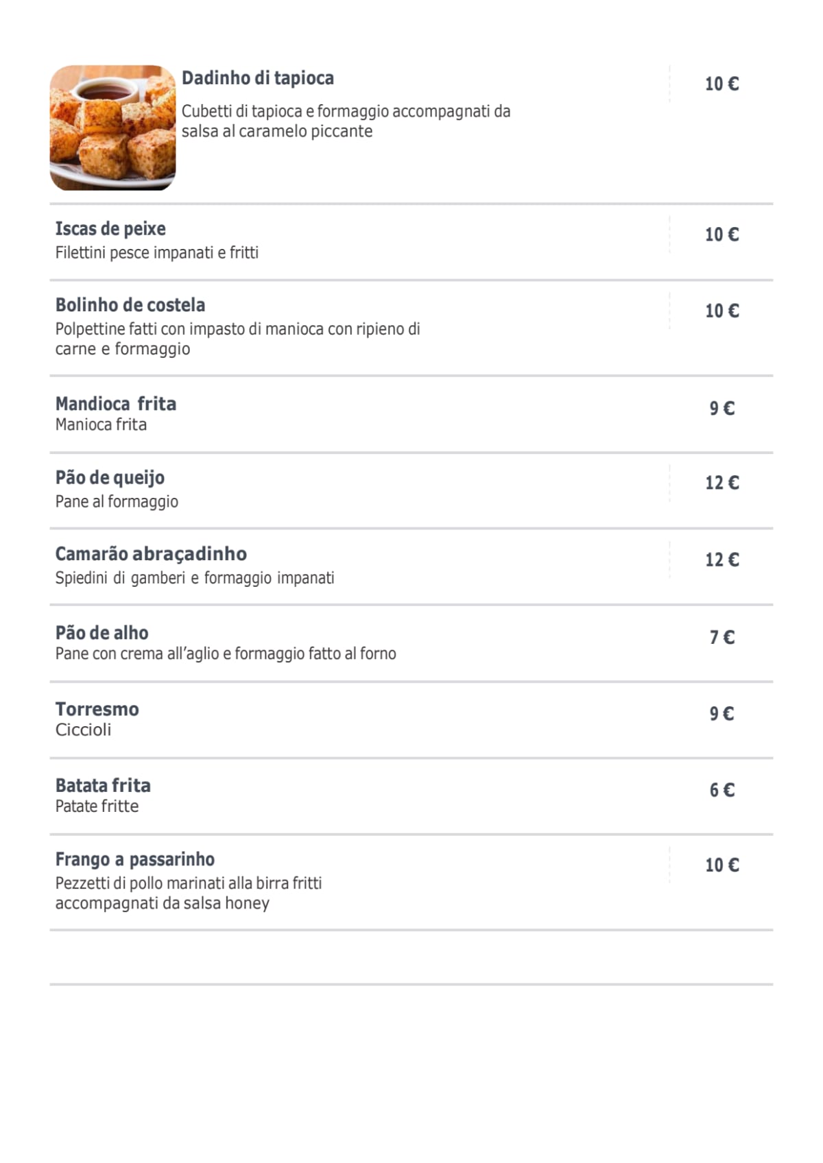 Brasita's Roma menu