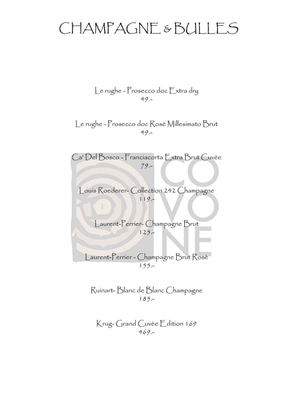 Covone Restaurant menu