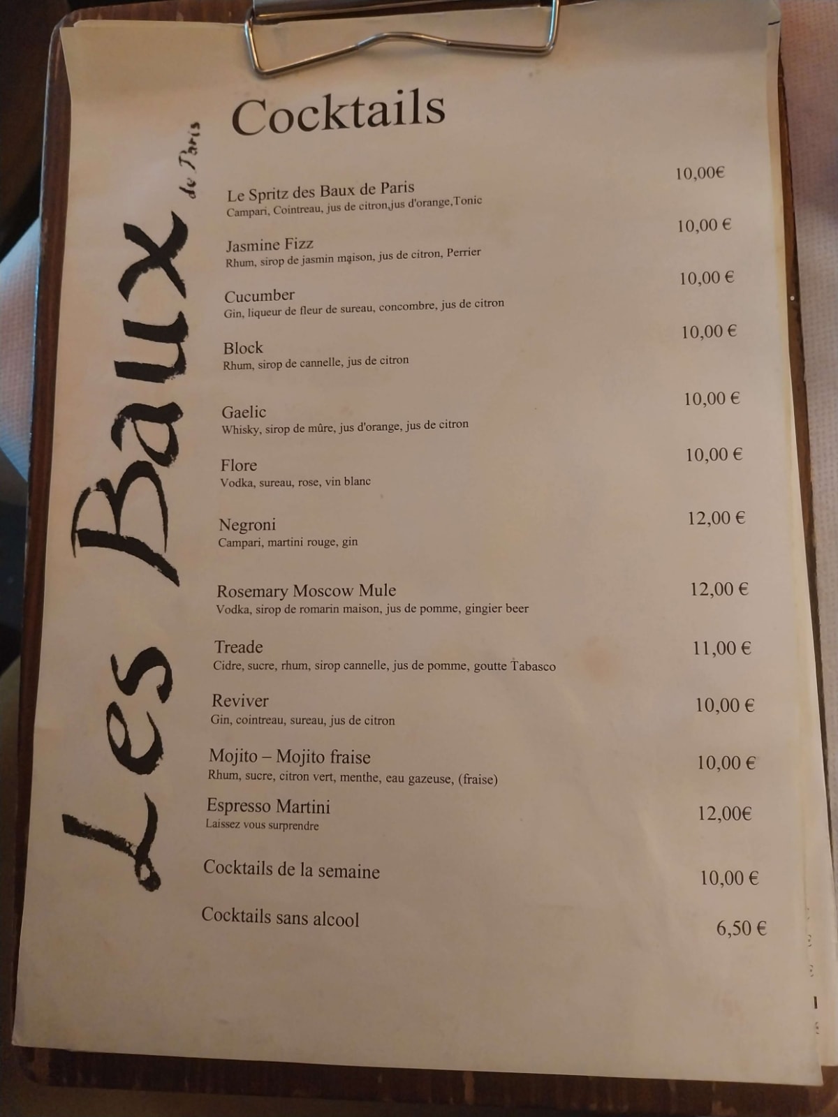 Les Baux de Paris menu