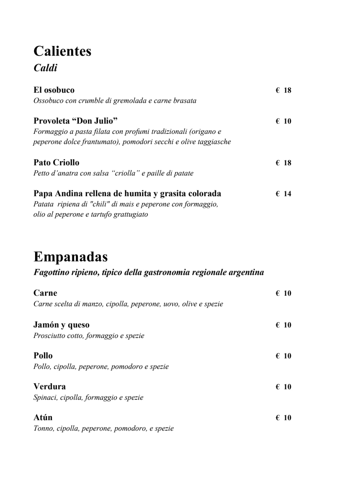 Don Julio menu