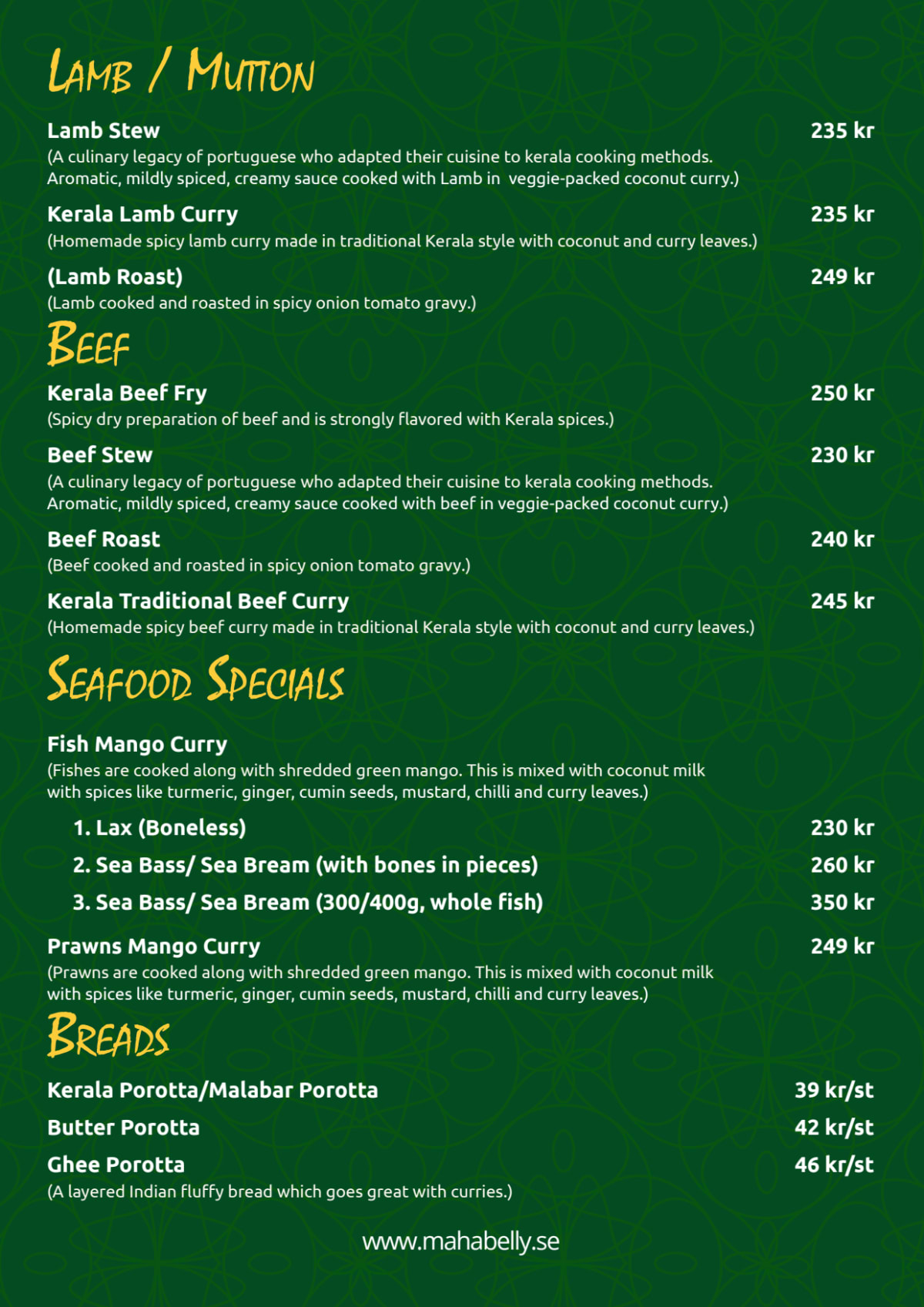 Mahabelly Taste Of Kerala- Indian Restaurant menu